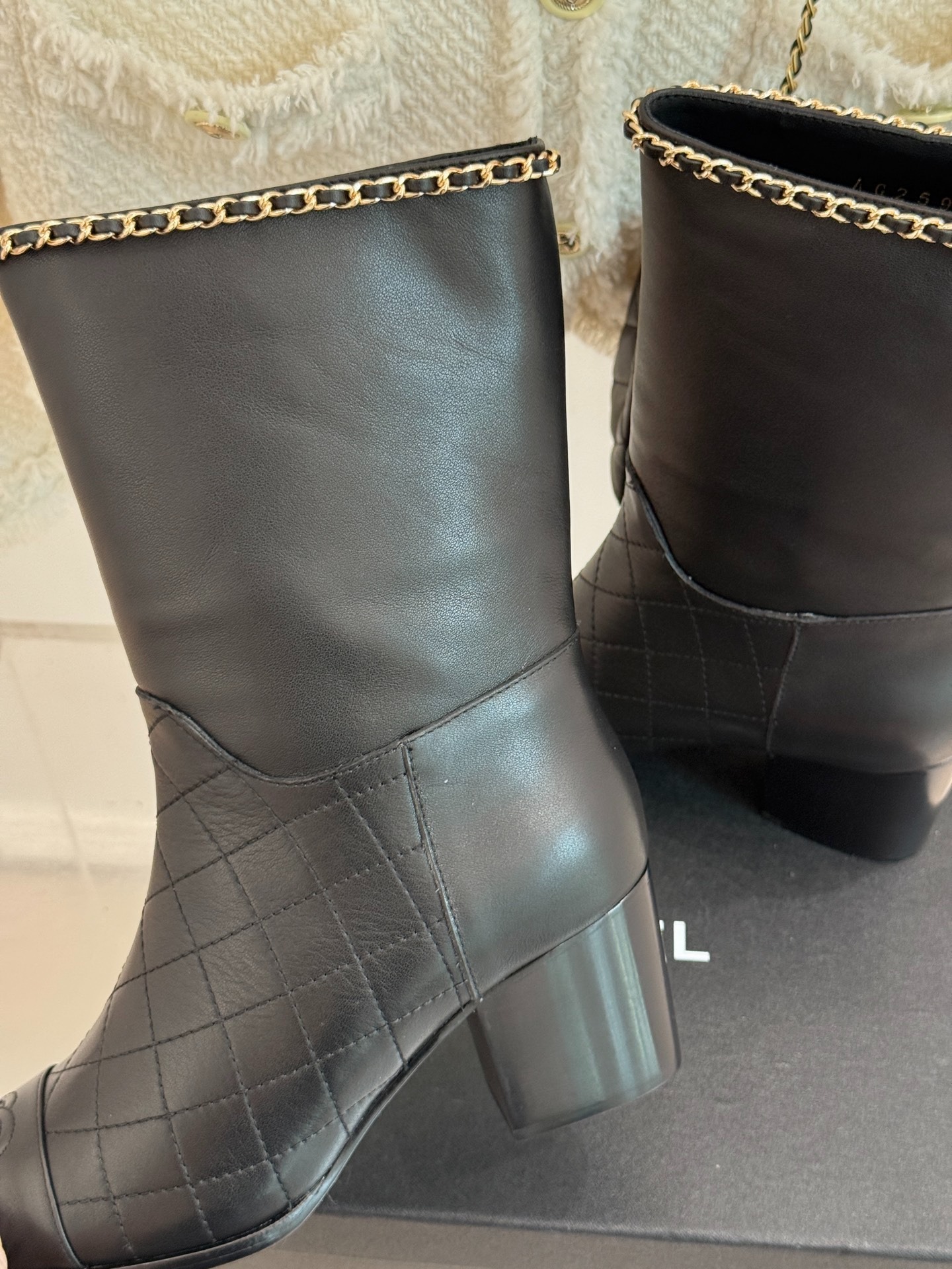 Ch**el Double C Chunky Heel Boots With Chain Detail Black For Women