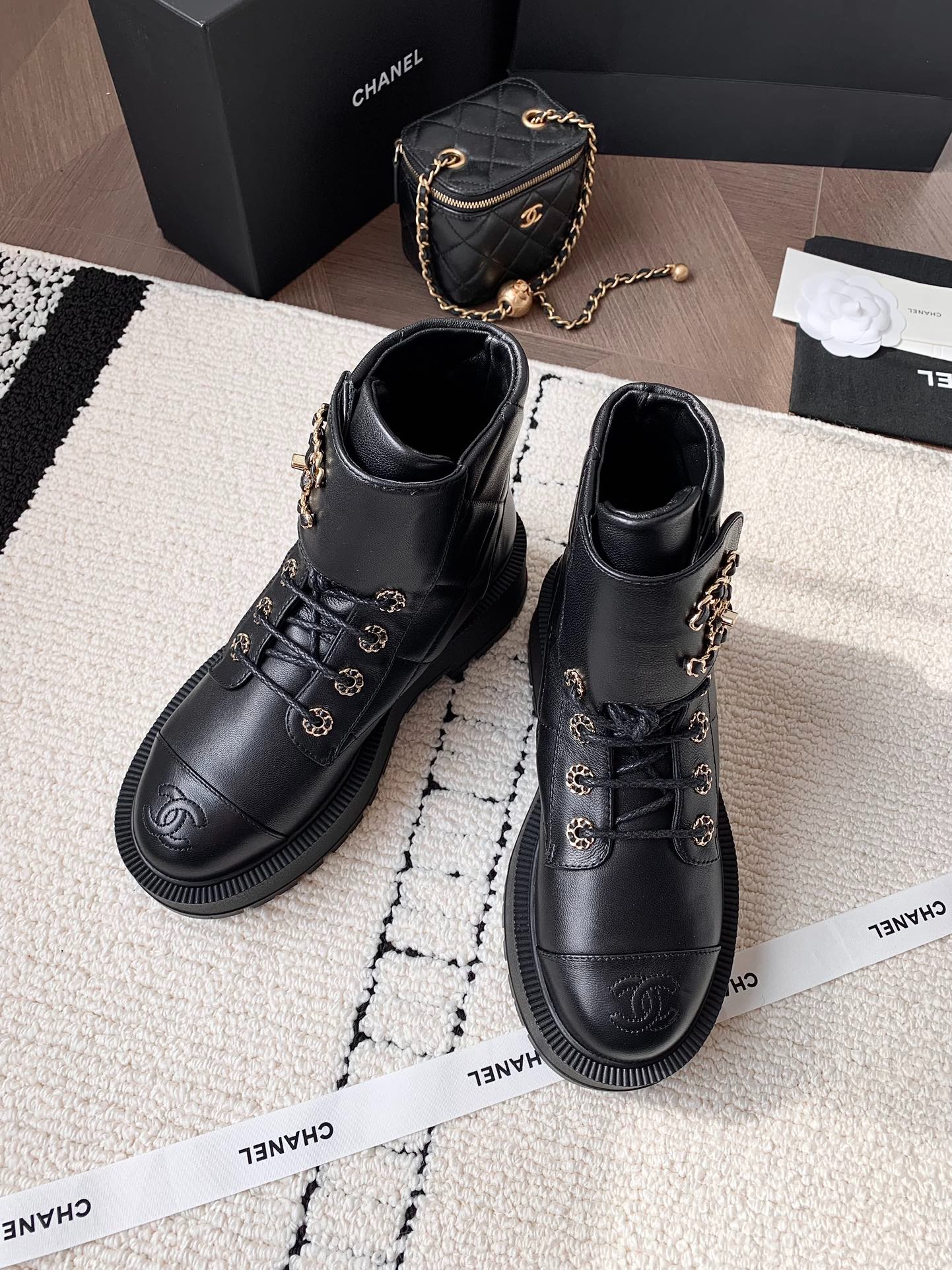 Ch**el Quilted Platform Ankle Boots Black For Women