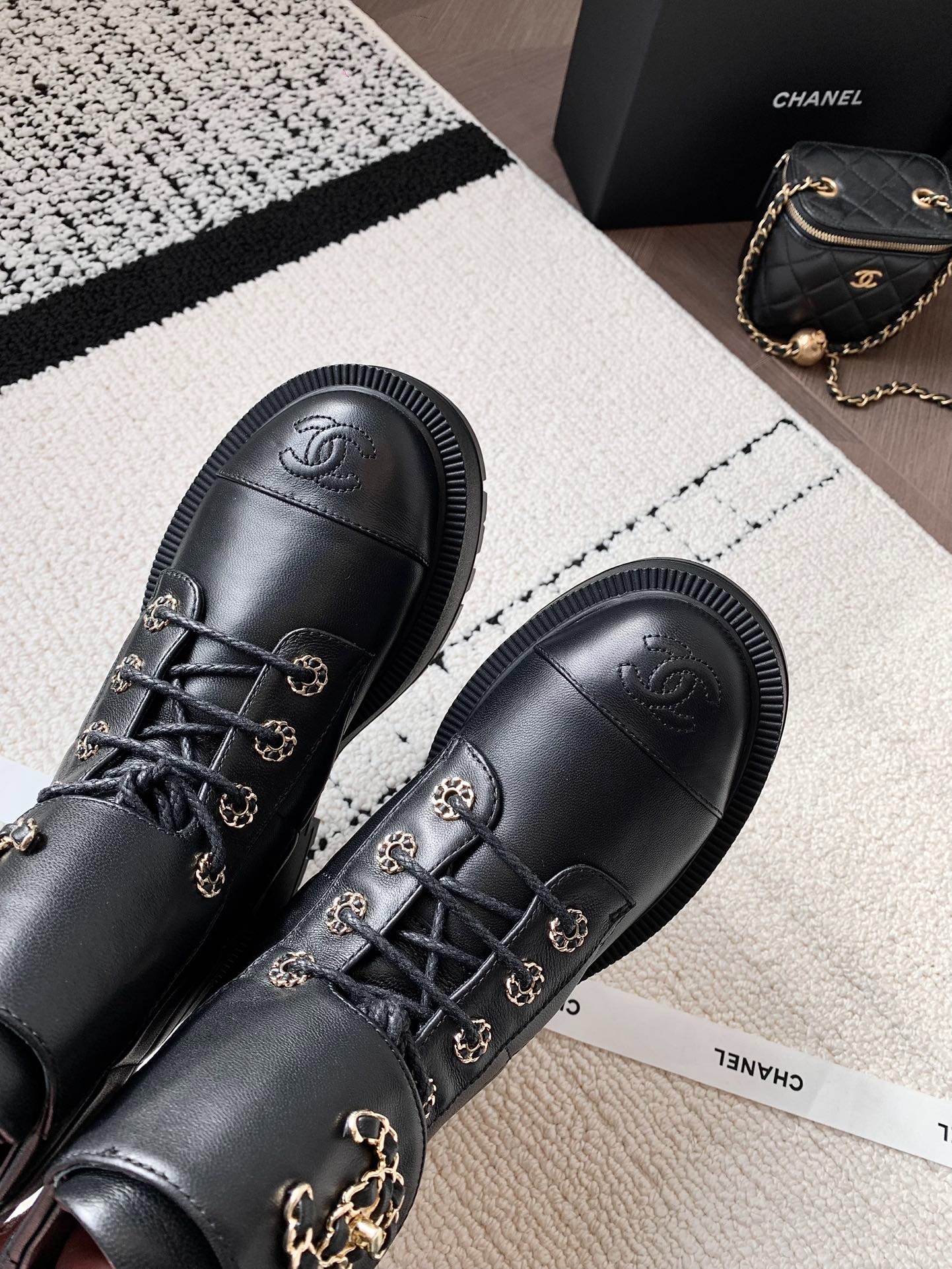 Ch**el Quilted Platform Ankle Boots Black For Women