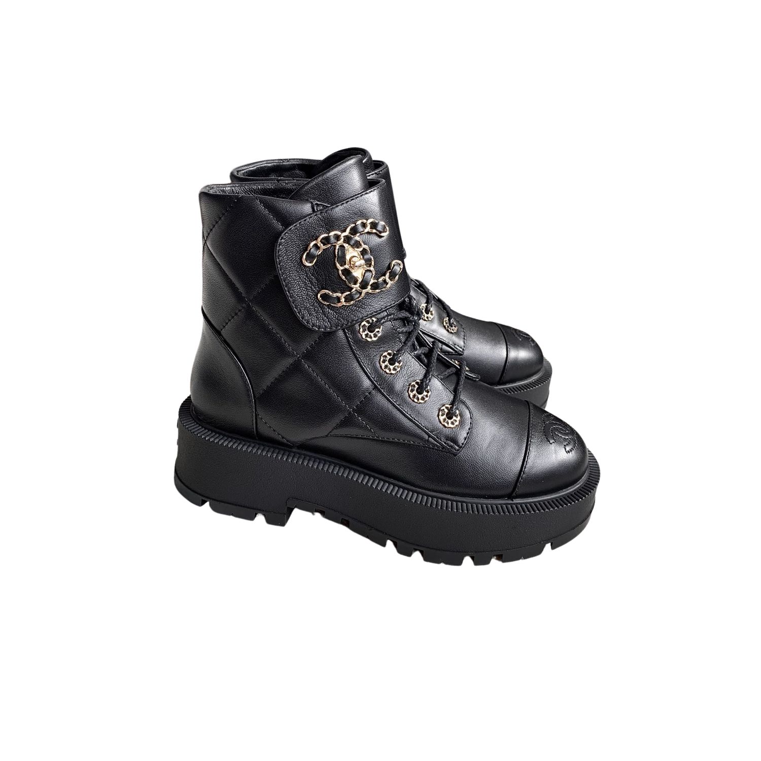 Ch**el Quilted Platform Ankle Boots Black For Women