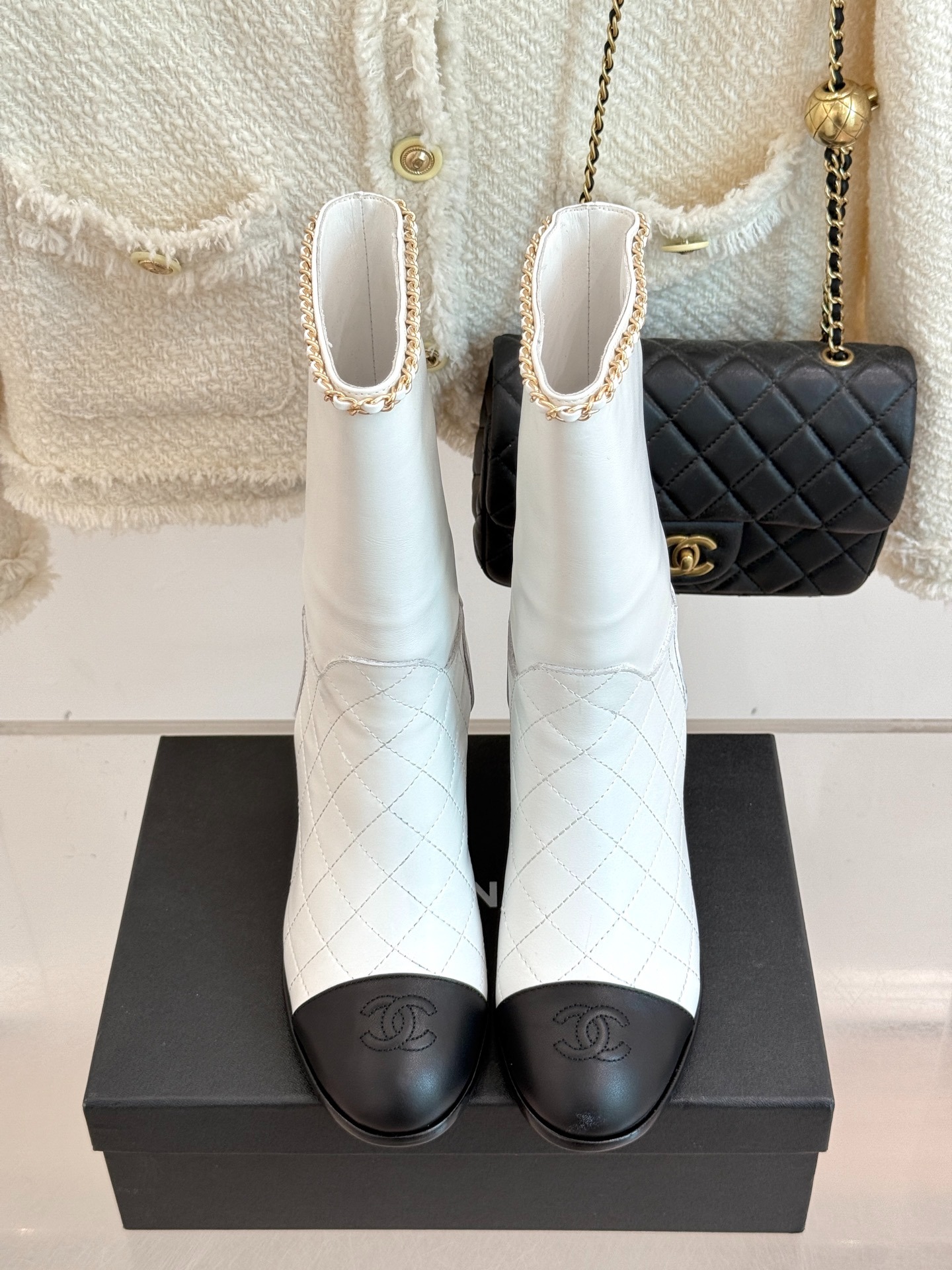 Ch**el Double C Chunky Heel Boots With Chain Detail White For Women