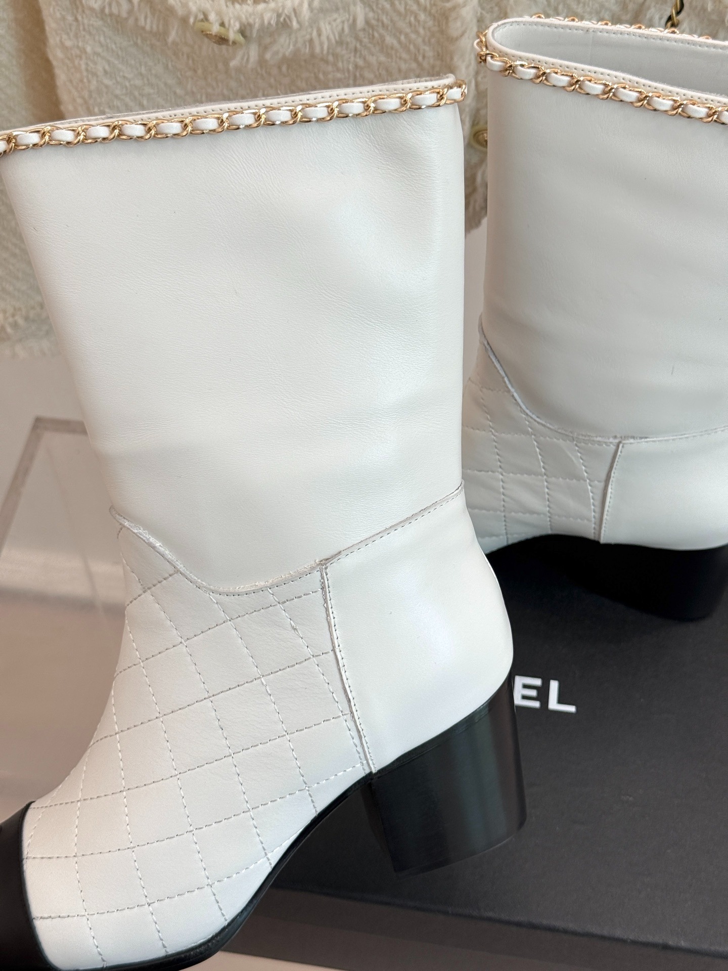 Ch**el Double C Chunky Heel Boots With Chain Detail White For Women