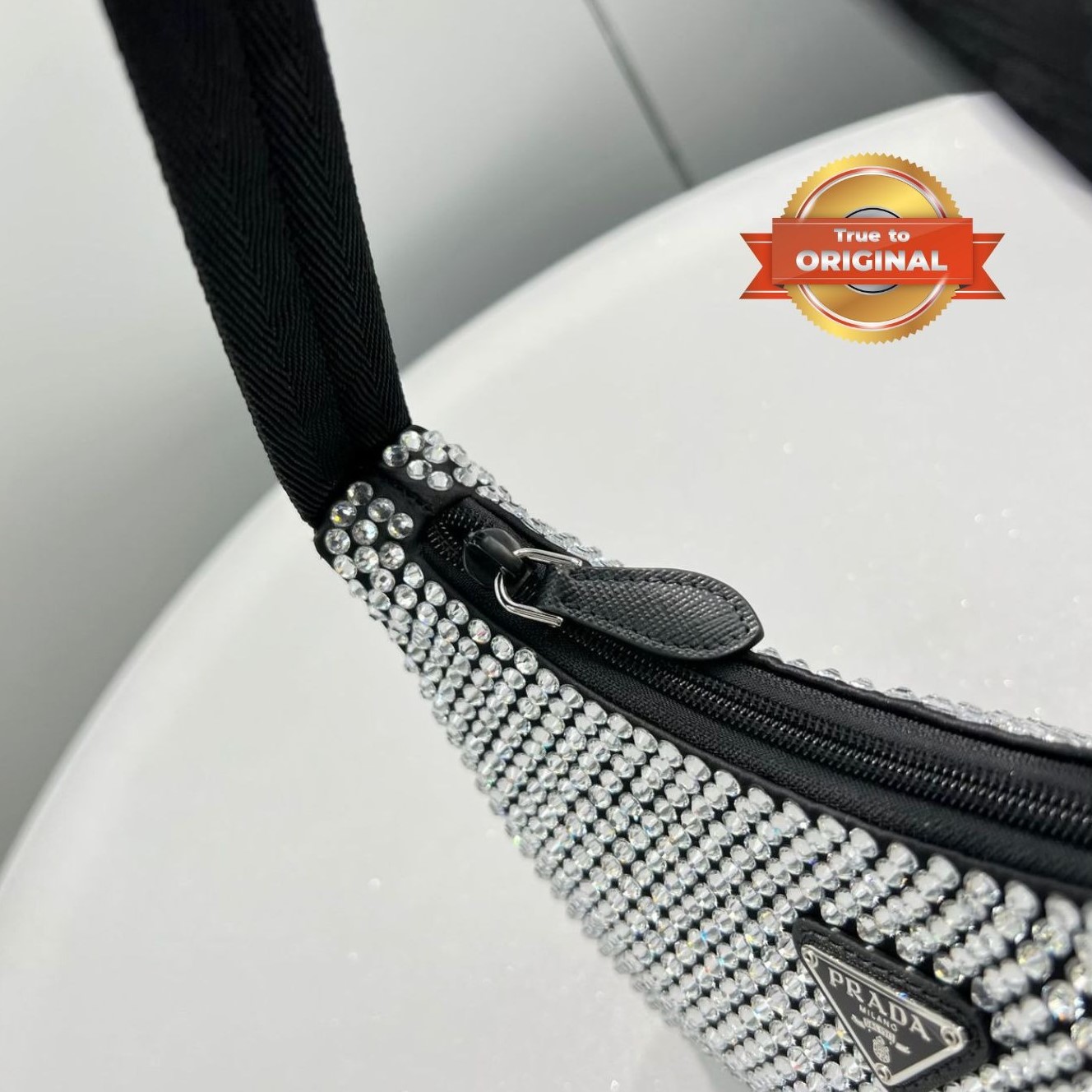[True-to-ORIGINAL] Pra*a Satin Mini-Bag With Crystals Silver For Women 8.6in/22cm 1BC515_2AWL_F0T7O_V_OOO