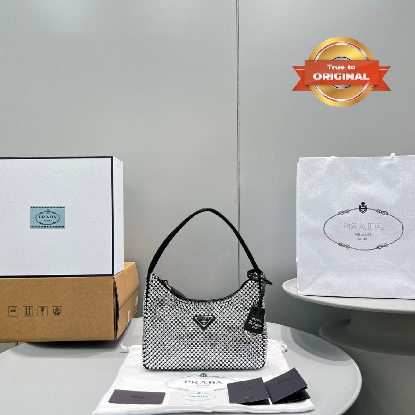 [True-to-ORIGINAL] Pra*a Satin Mini-Bag With Crystals Silver For Women 8.6in/22cm 1BC515_2AWL_F0T7O_V_OOO