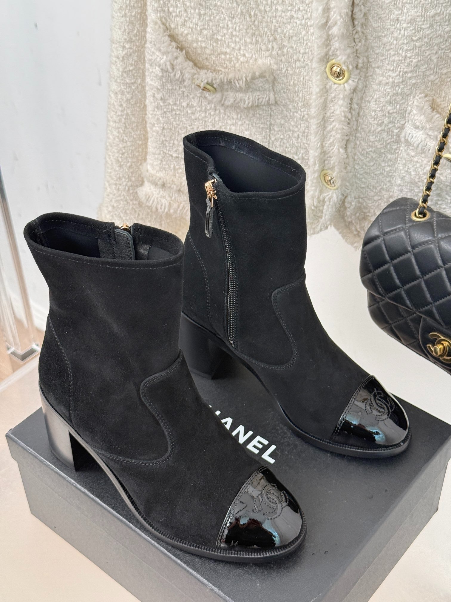 Ch**el Ankle Chunky Heel Boots Black 7cm/2.8in For Women