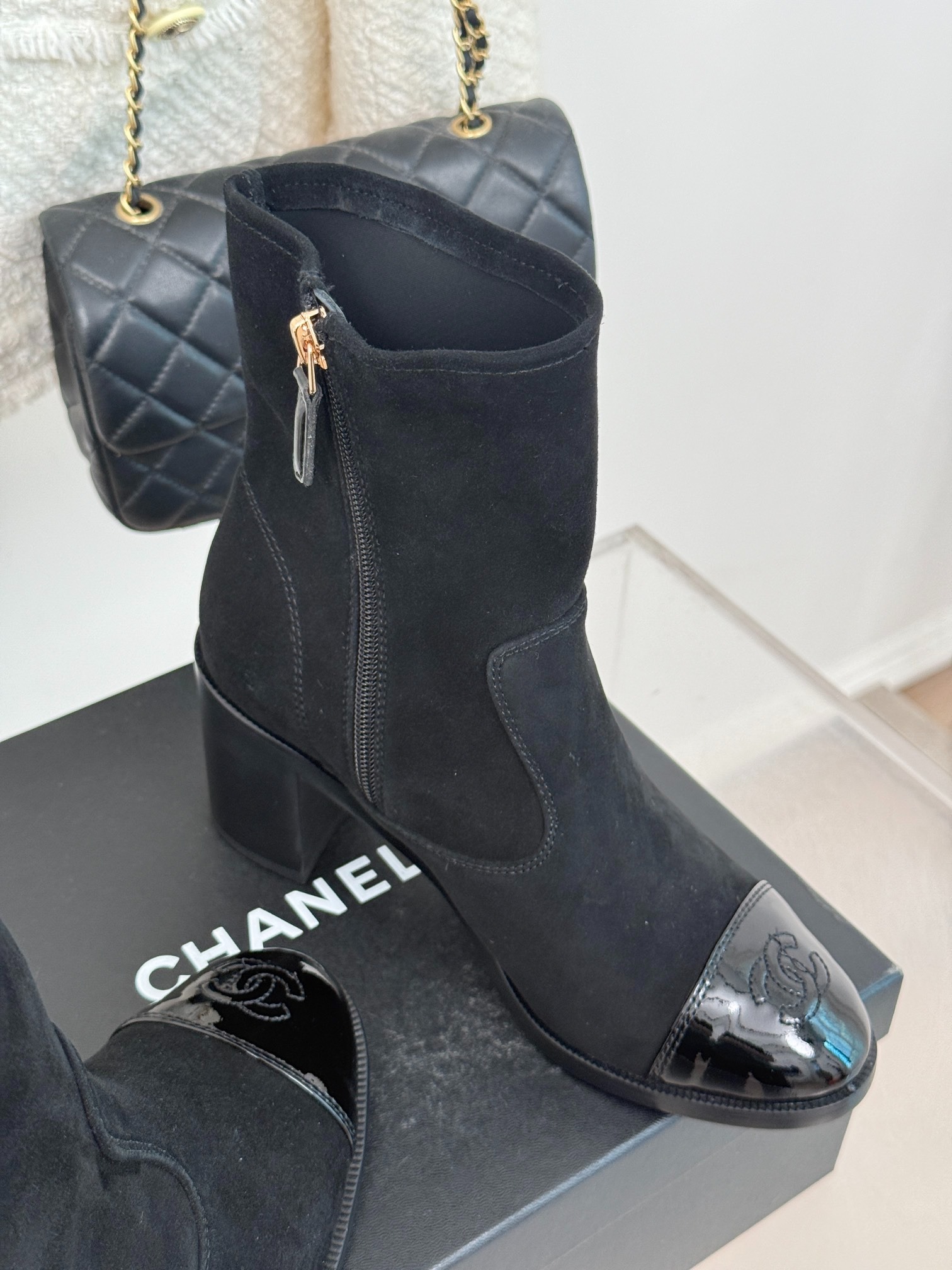 Ch**el Ankle Chunky Heel Boots Black 7cm/2.8in For Women