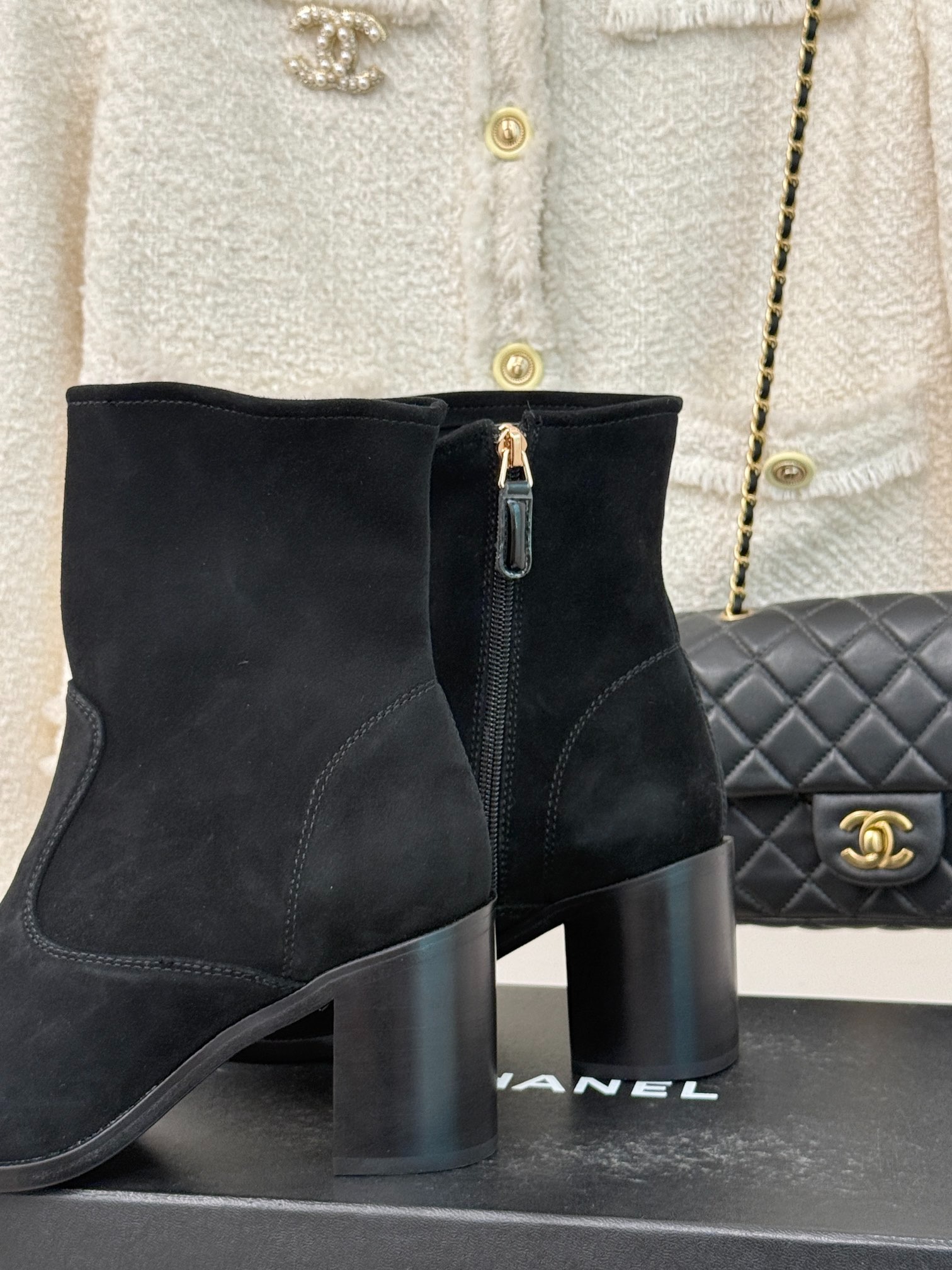 Ch**el Ankle Chunky Heel Boots Black 7cm/2.8in For Women
