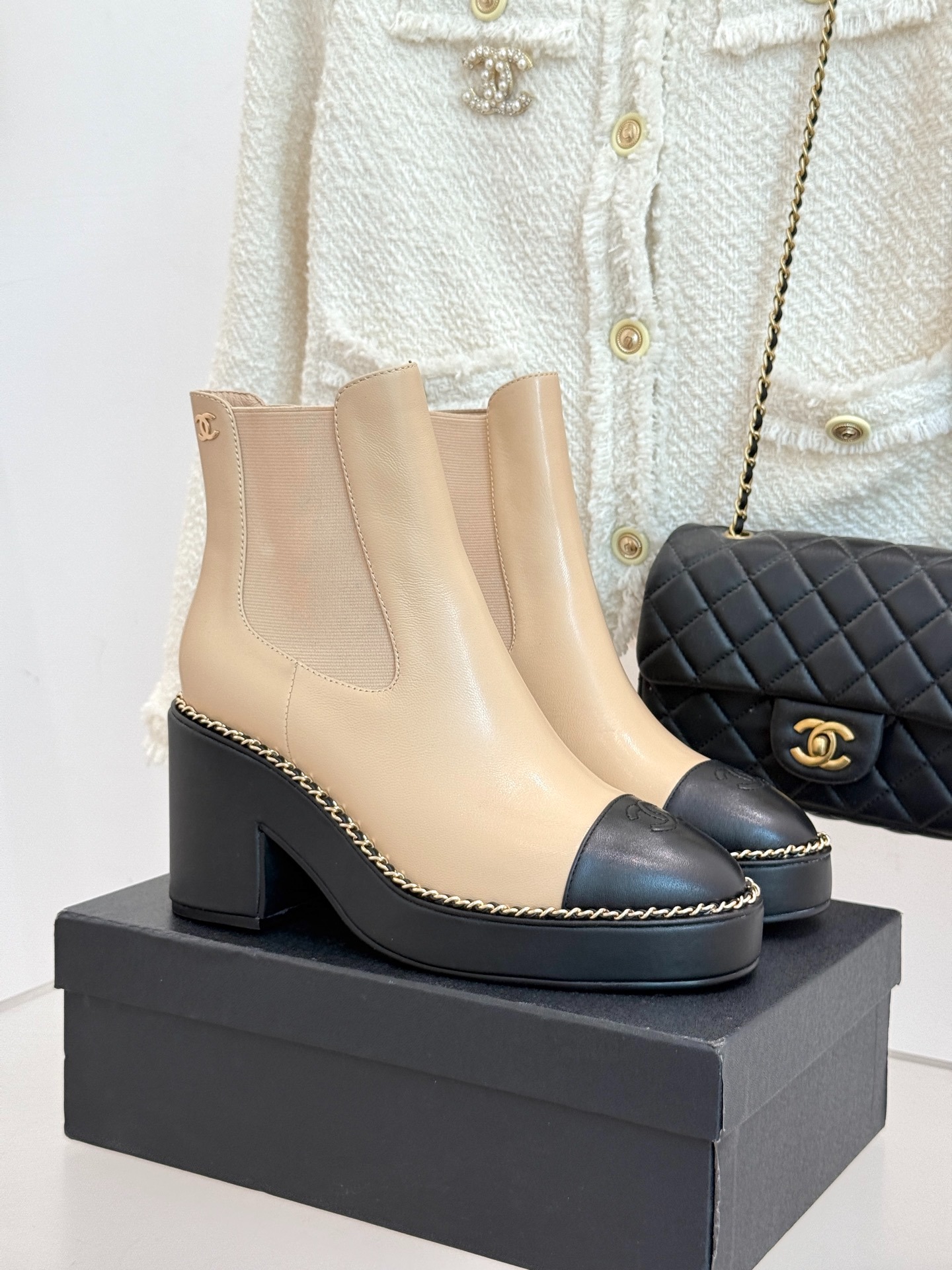 Ch**el Chelsea Chunky Heel Boots Two Tone Beige And Black For Women