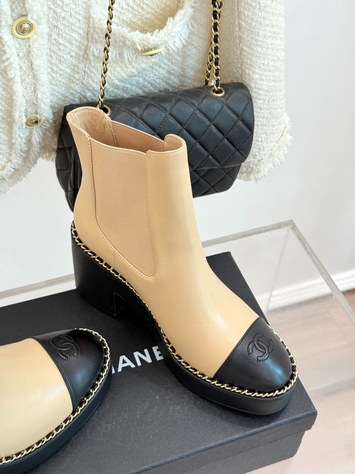 Ch**el Chelsea Chunky Heel Boots Two Tone Beige And Black For Women