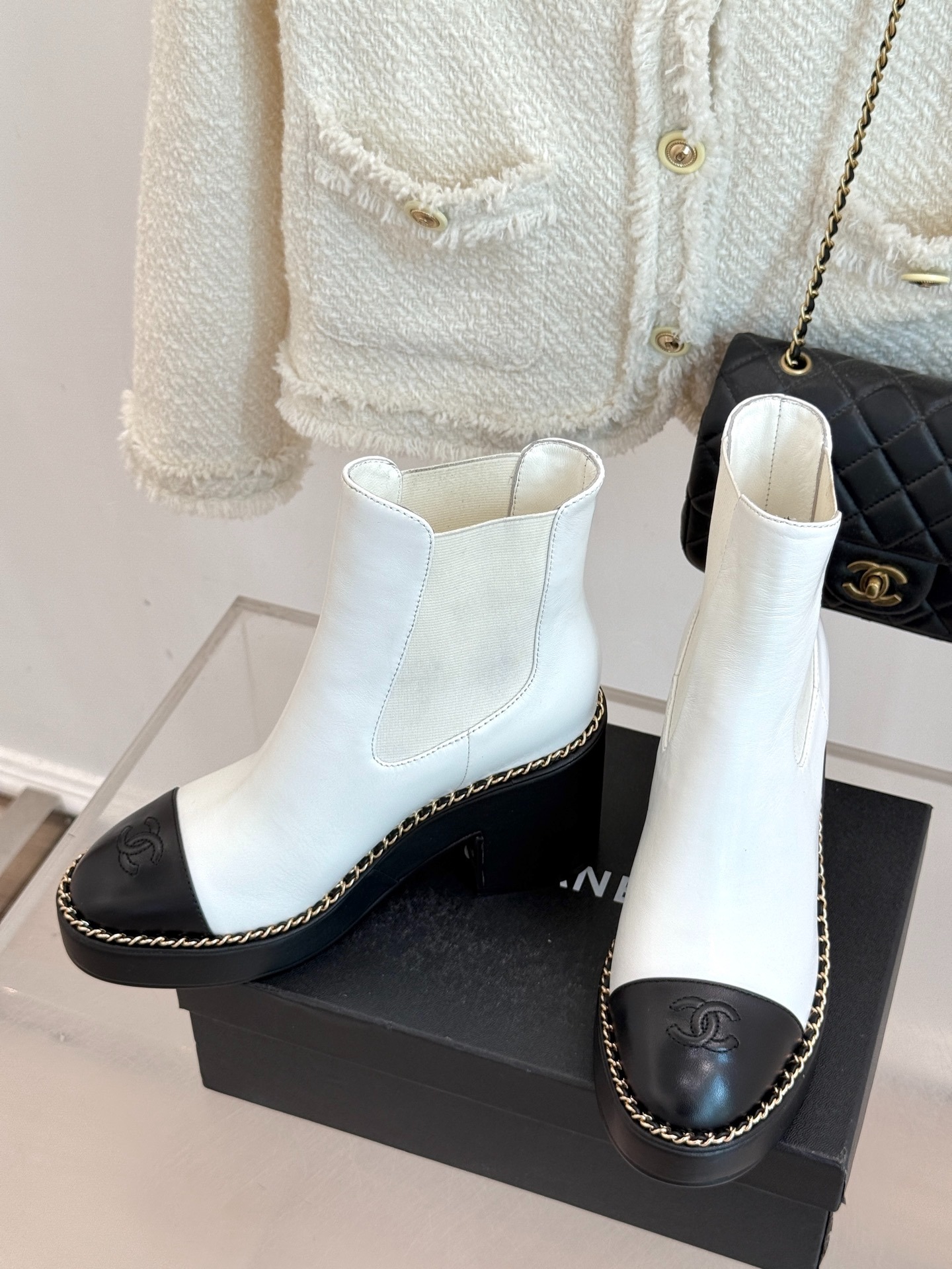 Ch**el Chelsea Chunky Heel Boots Two Tone White And Black For Women