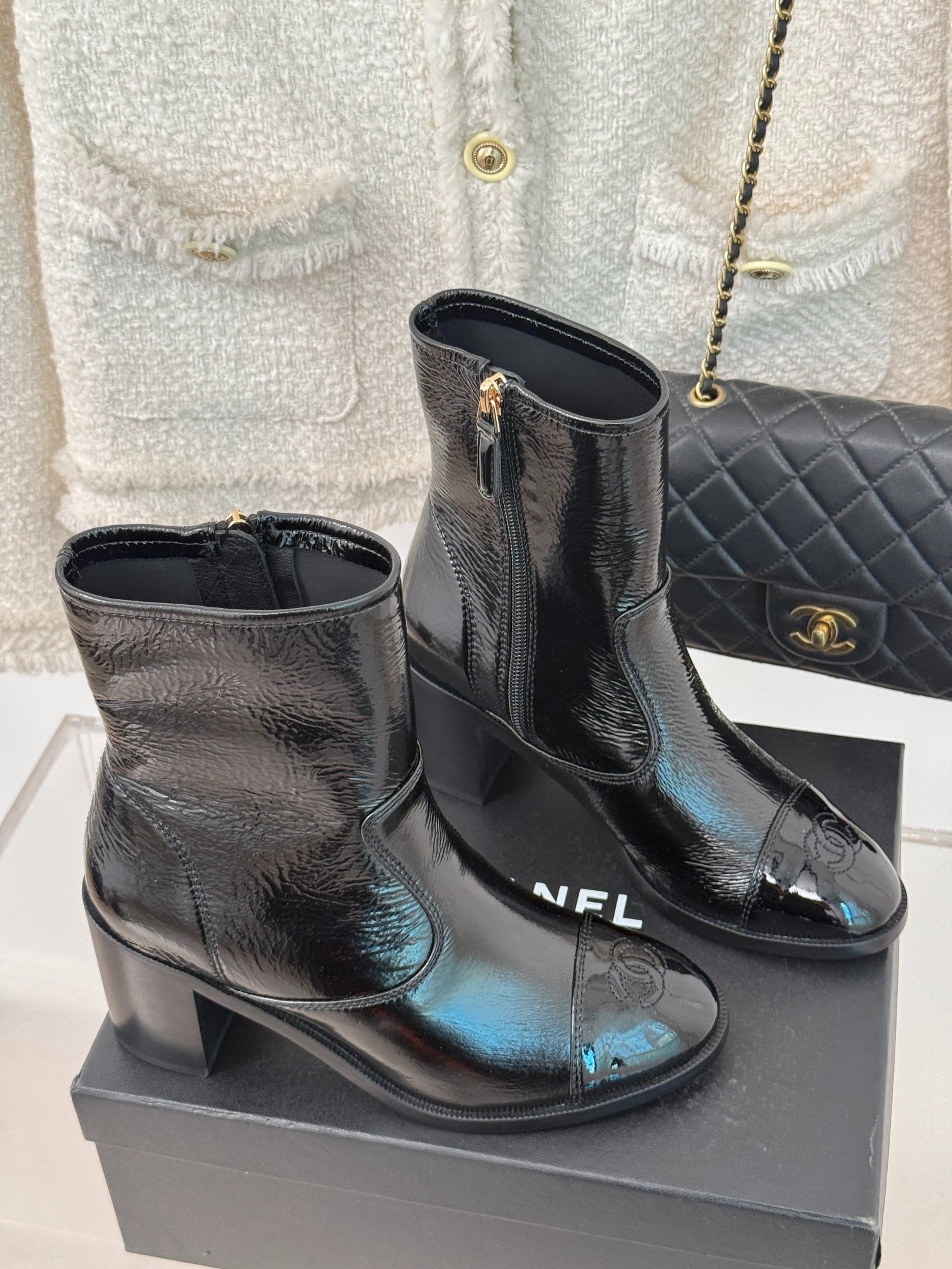 Ch**el Glossy Chunky Ankle Heel Boots Black 7cm/2.8in For Women