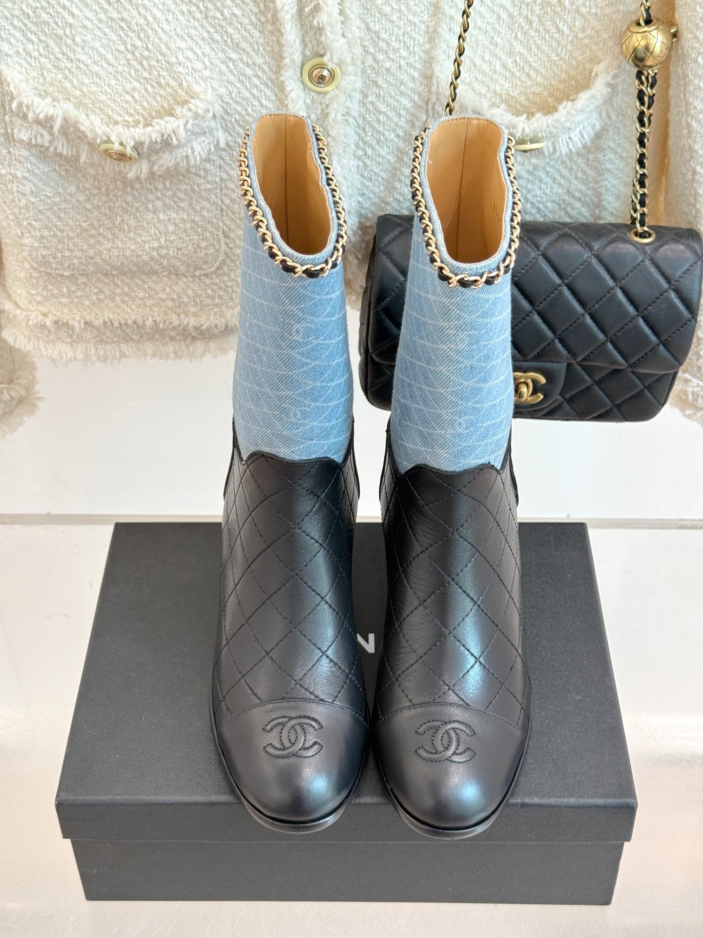 Ch**el Double C Chunky Heel Boots With Chain Detail Light Blue Denim For Women