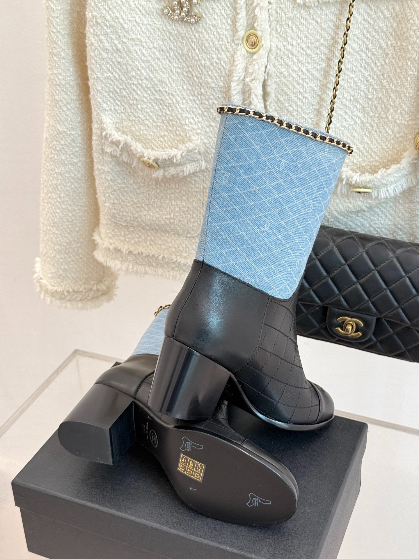 Ch**el Double C Chunky Heel Boots With Chain Detail Light Blue Denim For Women