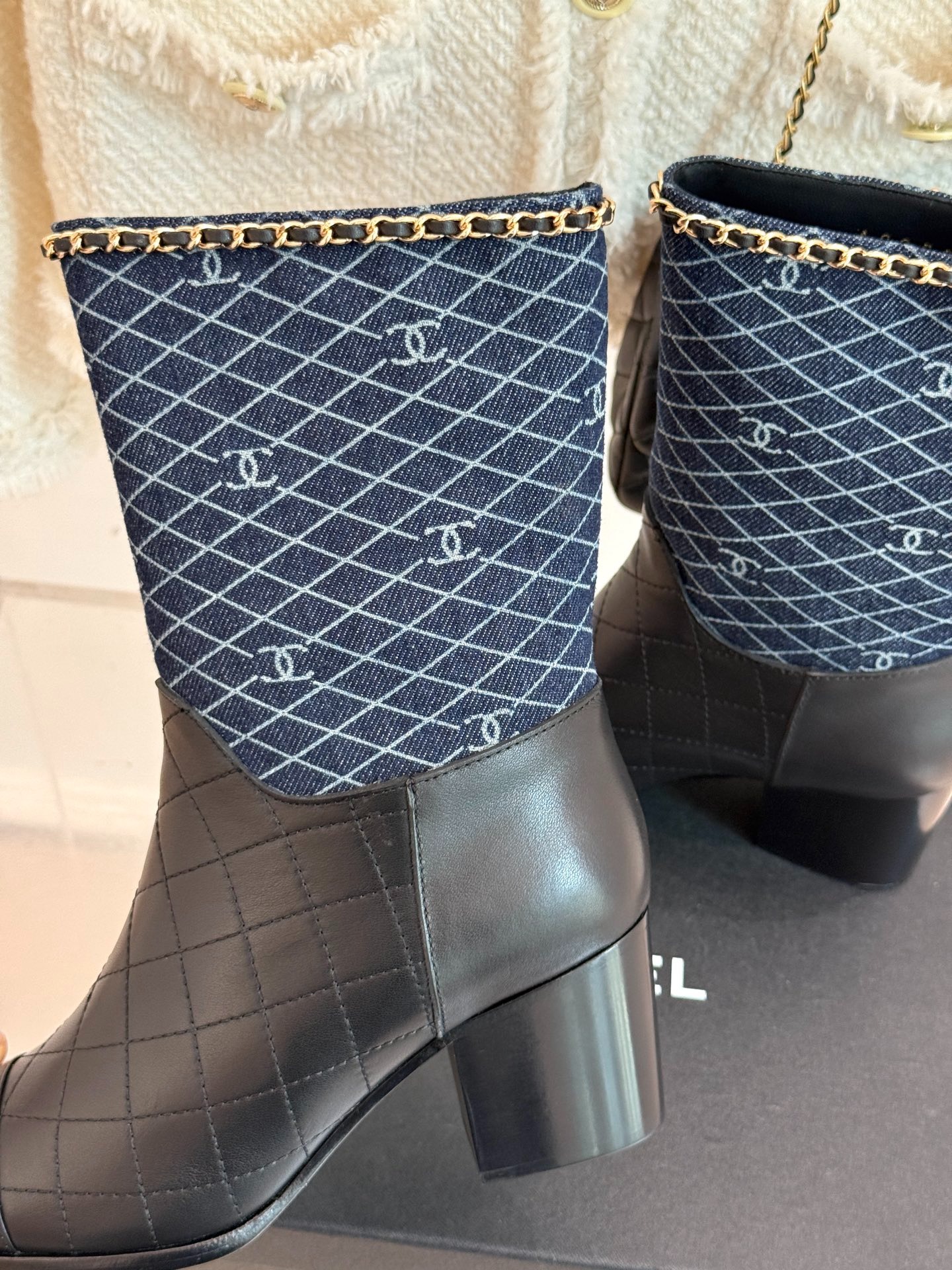 Ch**el Double C Chunky Heel Boots With Chain Detail Blue Denim For Women