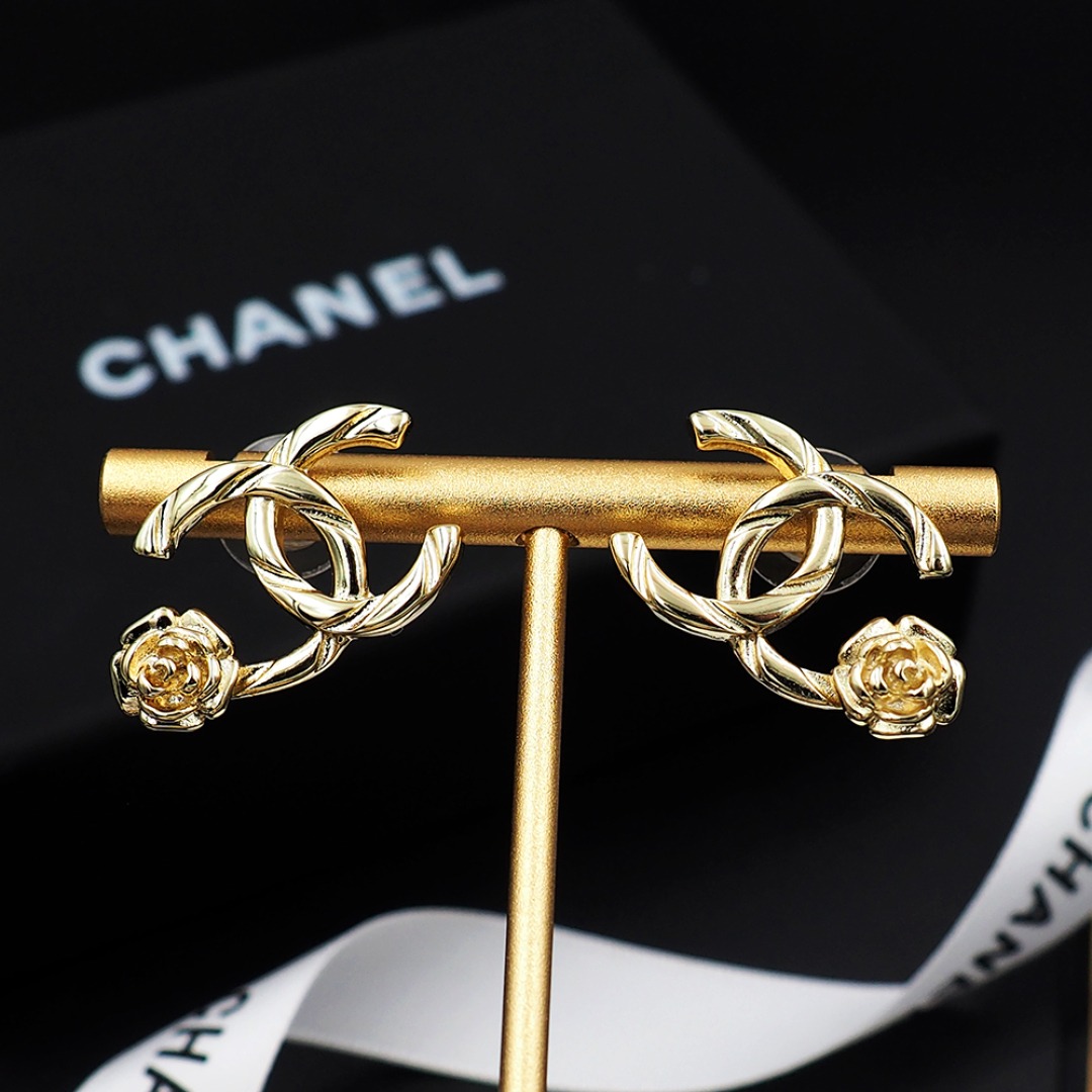 Ch**el CC Logo Earrings With Camellia Flower Detail Gold For Women