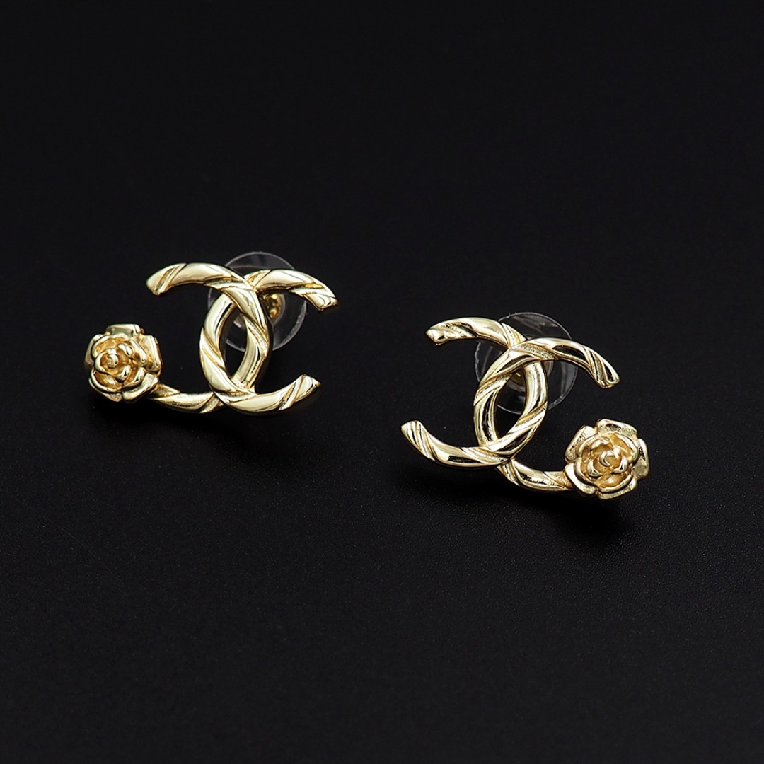Ch**el CC Logo Earrings With Camellia Flower Detail Gold For Women