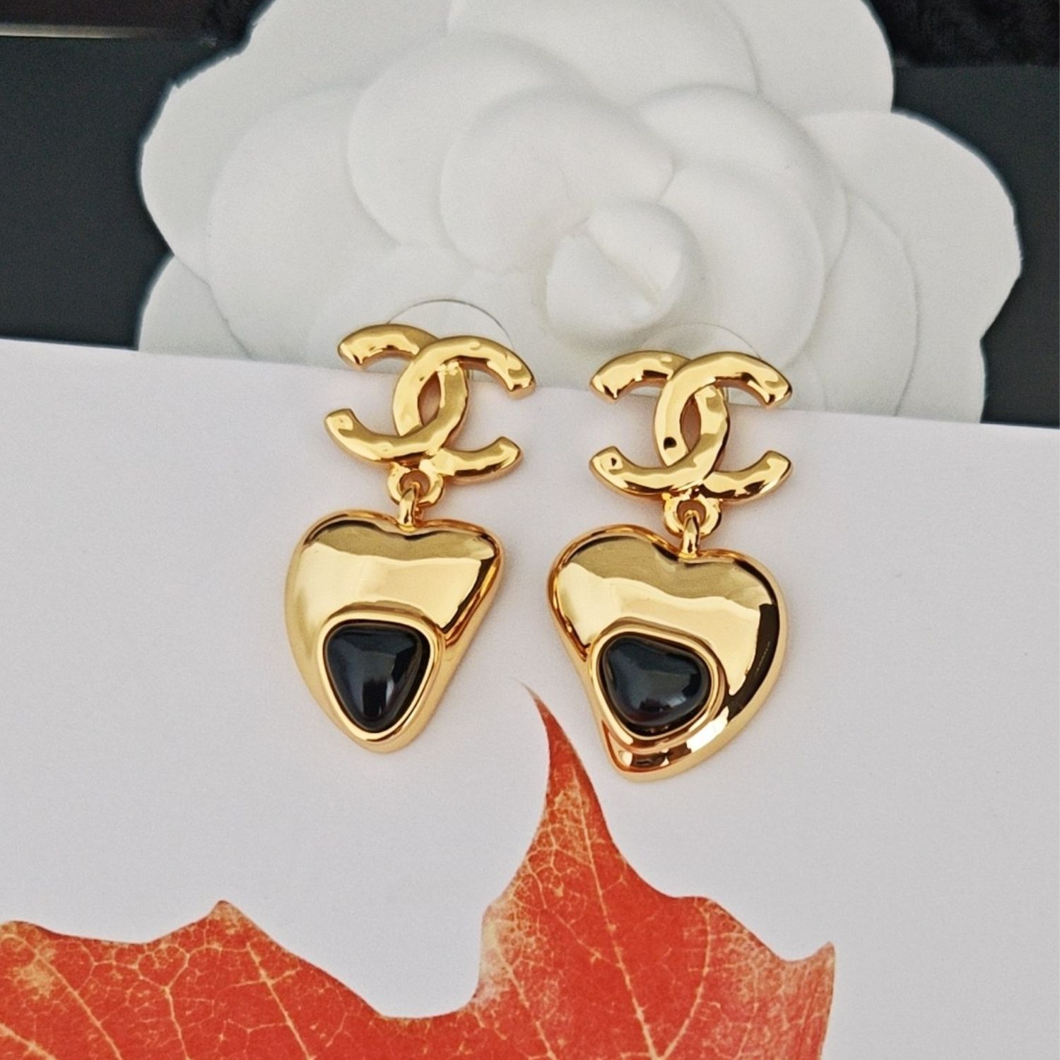 Ch**el Heart Drop Earrings Gold-Toned Metal For Women