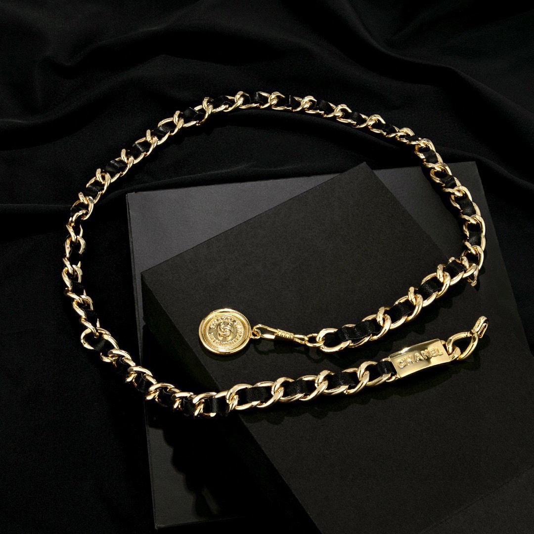 Ch**el Iconic Chain Link With Black Leather And Coin Charm For Women