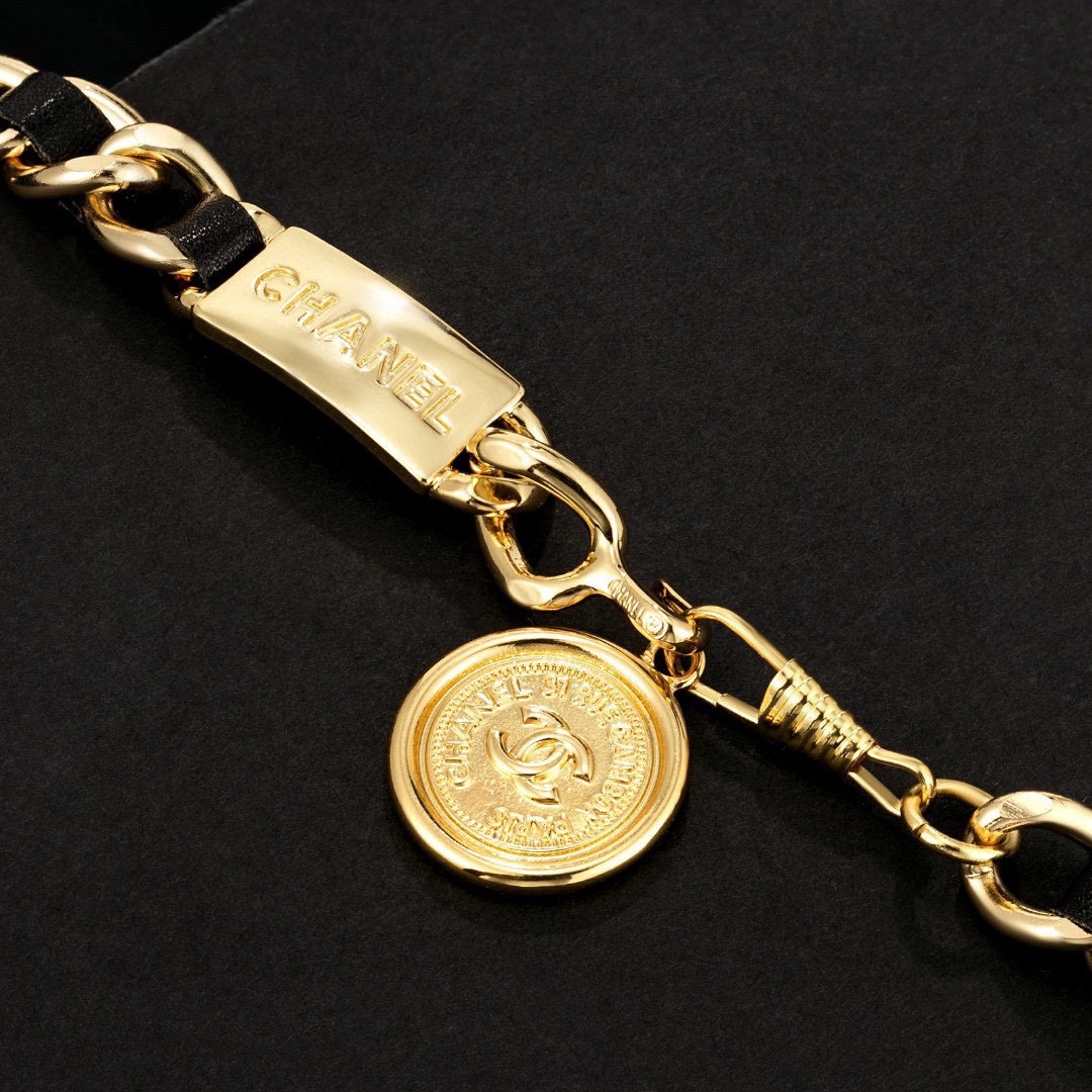 Ch**el Iconic Chain Link With Black Leather And Coin Charm For Women