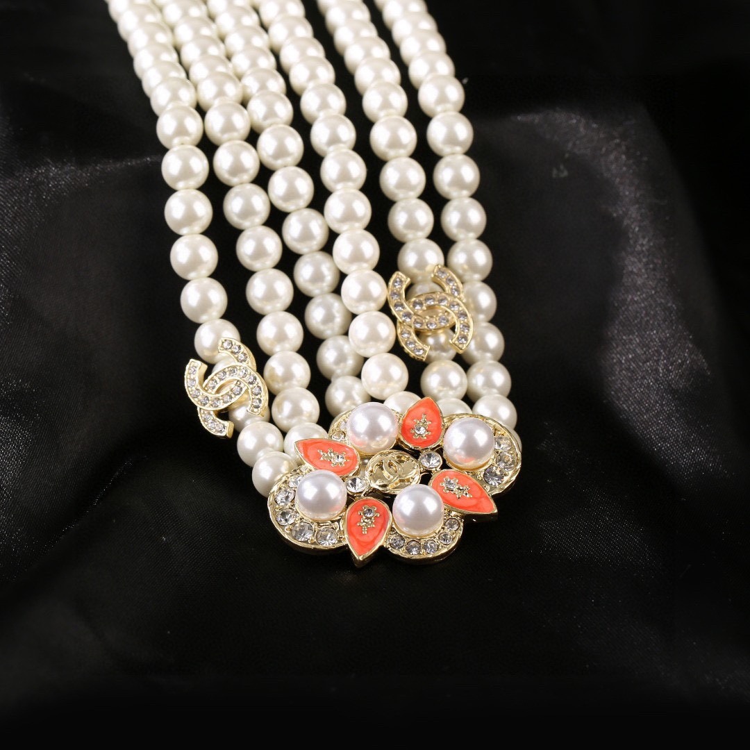 Ch**el Triple-Strand Pearl & Floral Gold-Toned For Women