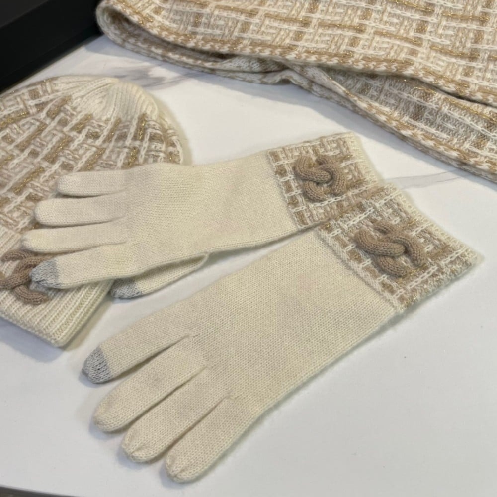 Ch**el Monochrome Winter Knit Set – Hat, Scarf And Gloves Beige For Women