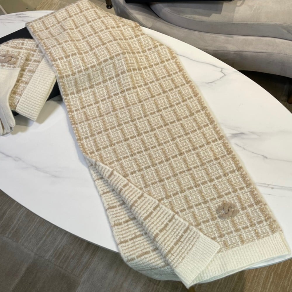 Ch**el Monochrome Winter Knit Set – Hat, Scarf And Gloves Beige For Women