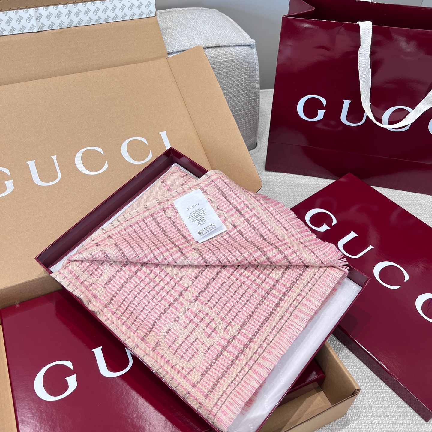 Gvc*1 Check GG Scarf Ivory And Pink 70.8in/180cm ‎774419 3GAMQ 9272