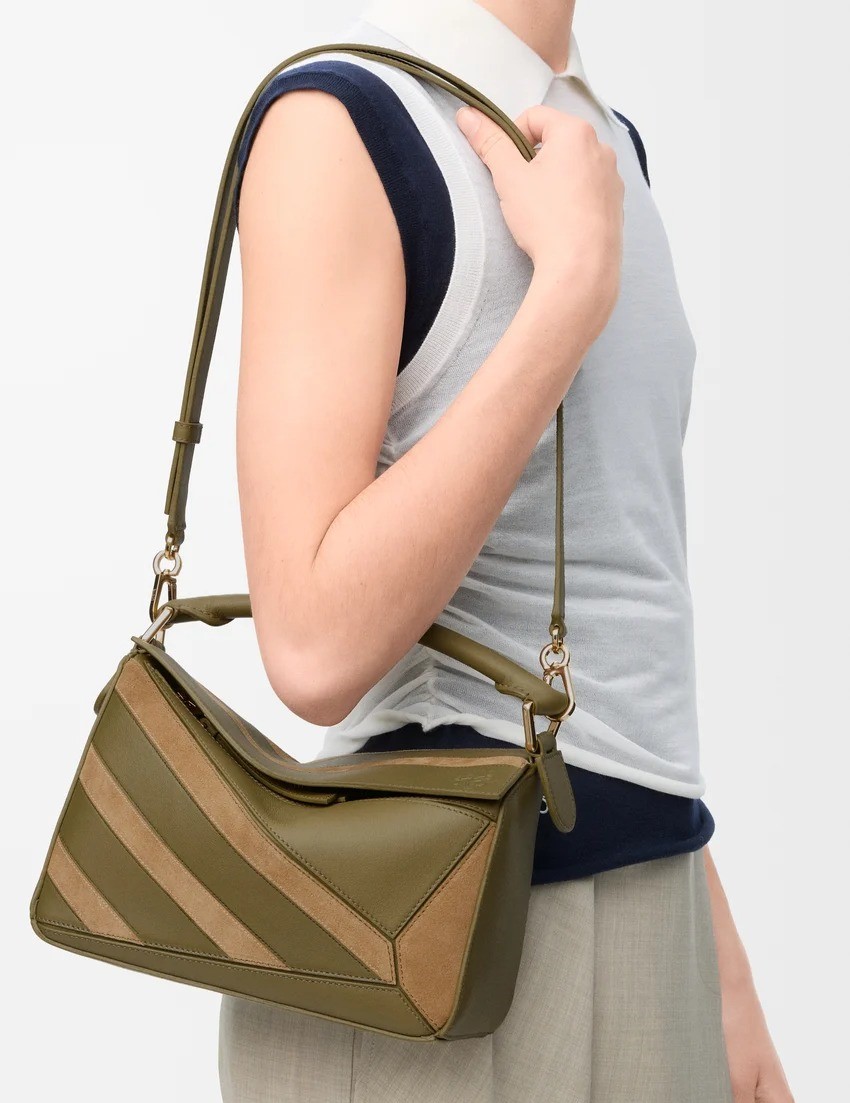 L0ew* Small Puzzle Bag Olive Suede For Women 9.4in/24cm A510S21XCE