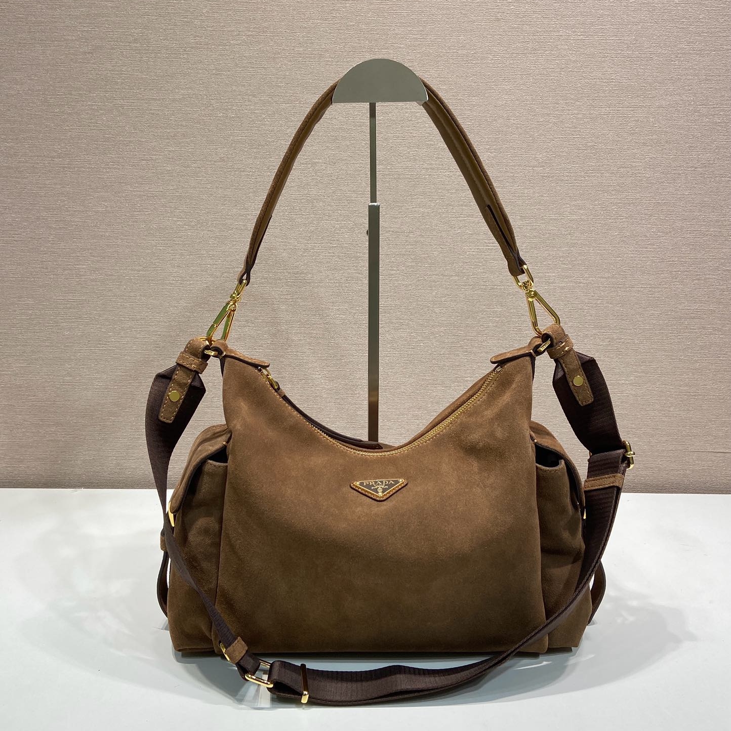 [True-to-ORIGINAL] Pra*a Explore Large Suede Bag Cocoa Brown For Women 32cm/12.6in 1BC264_008_F0324_V_NOO