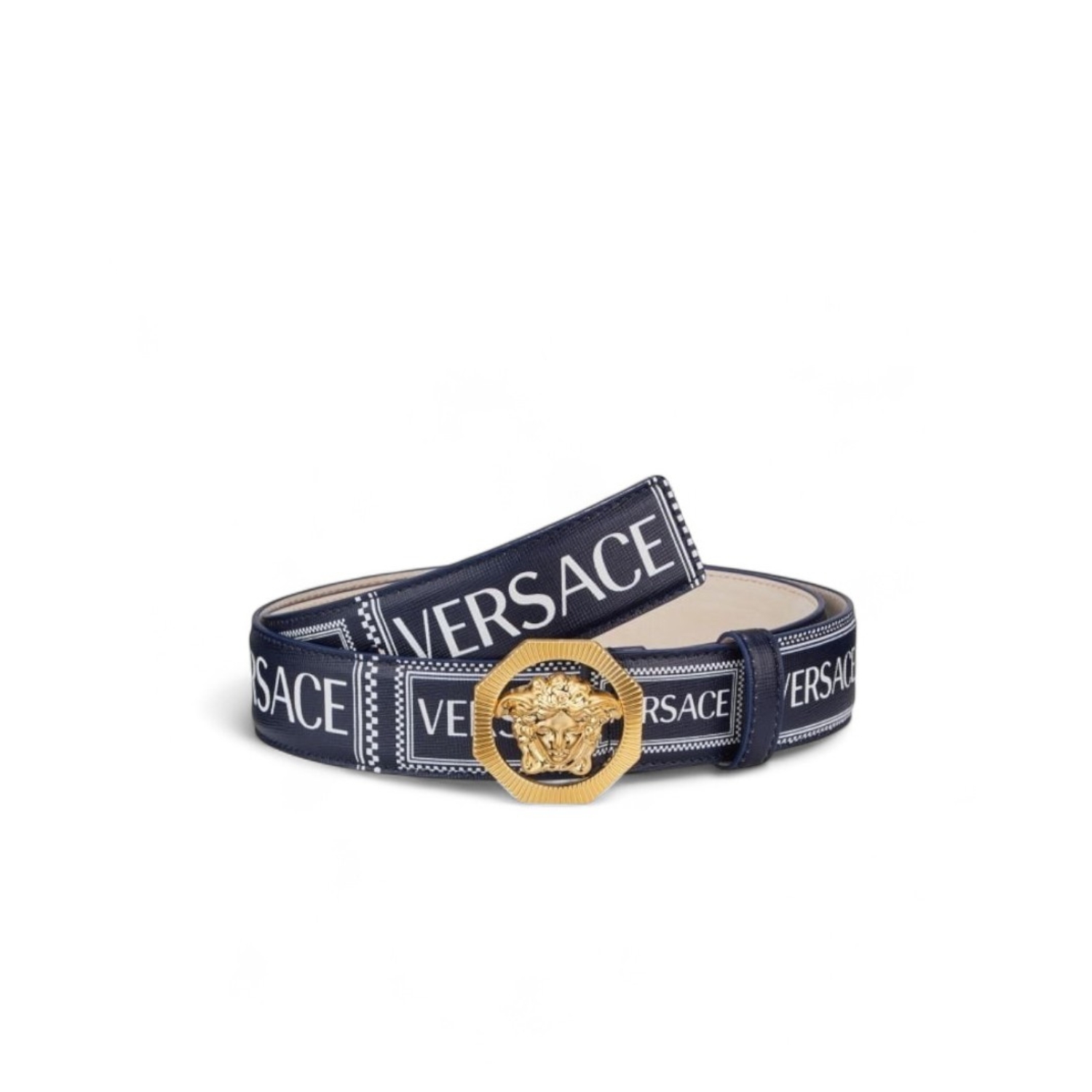 Versace Medusa Buckle Logo Leather Belt Navy 4cm For Men