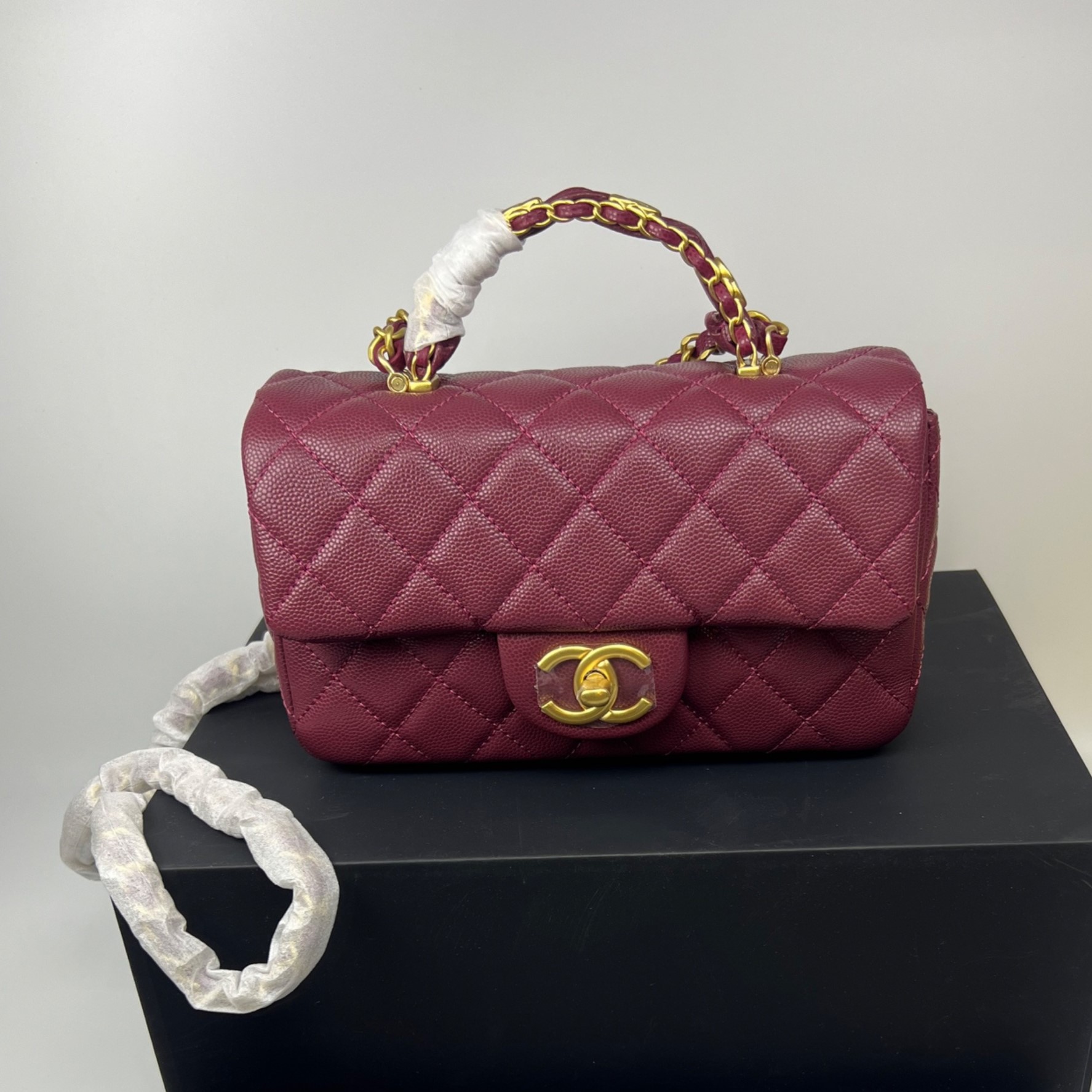 [True-to-ORIGINAL] Ch**el Flapbag With Top Handle Burgundy For Women 7.7in/19.5cm