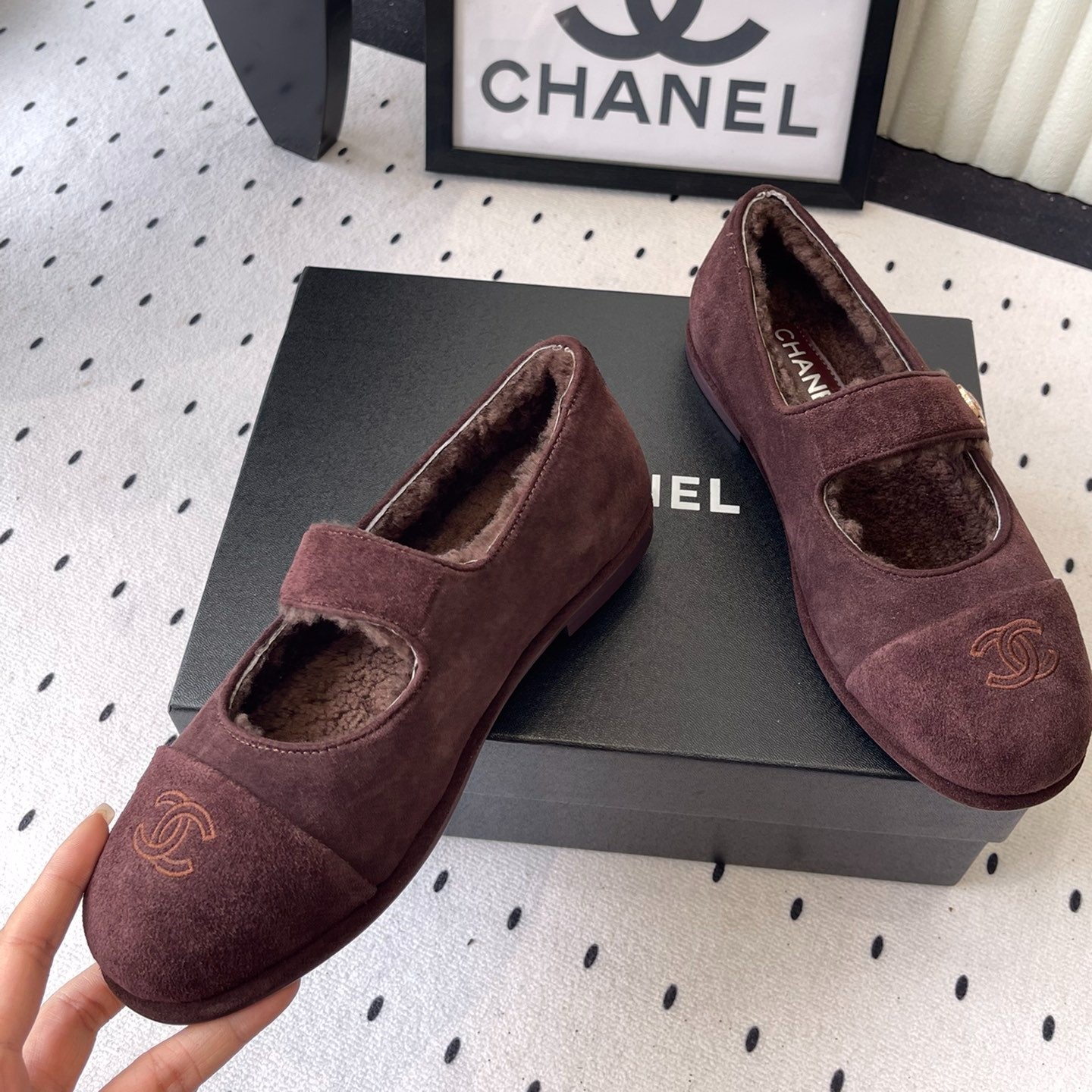 Ch**el Mary Jane Flats Burgundy Suede Shearling For Women