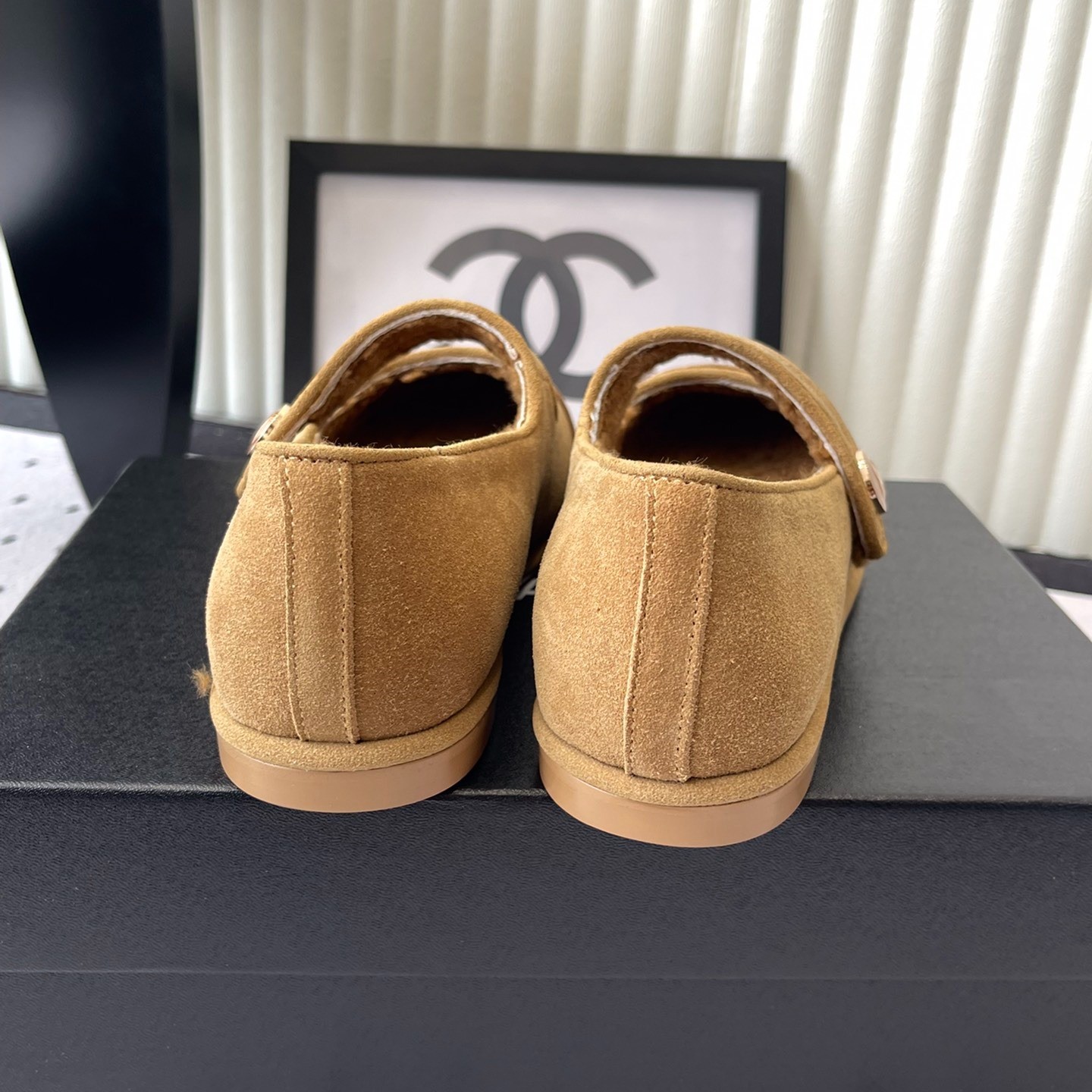 Ch**el Mary Jane Flats Tan Suede Shearling For Women