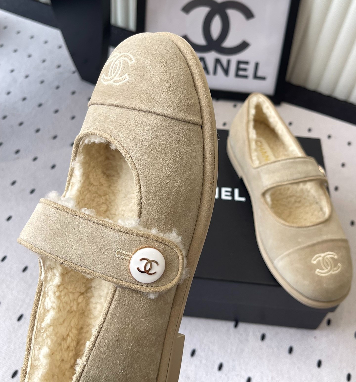 Ch**el Mary Jane Flats Beige Suede Shearling For Women