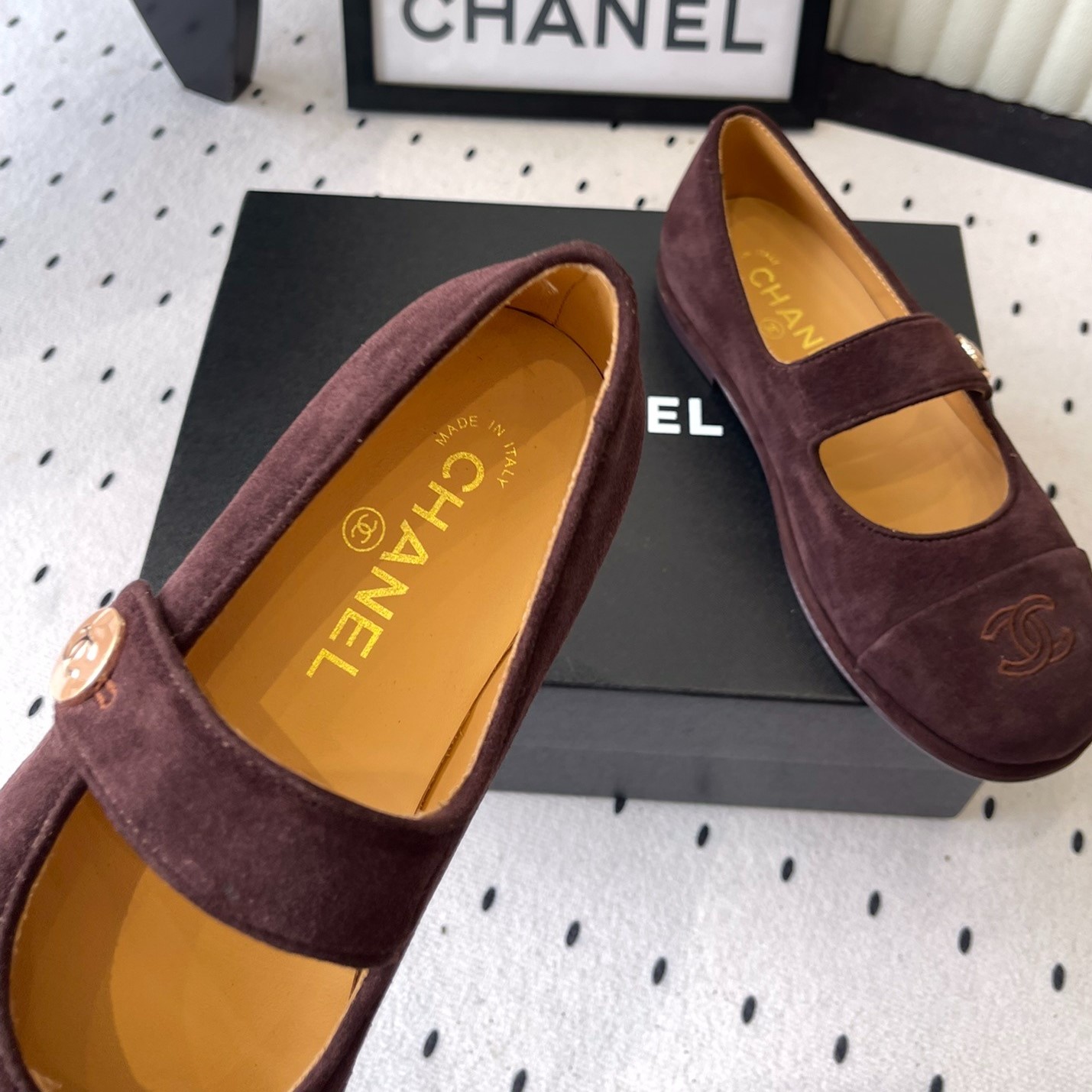 Ch**el Mary Jane Flats Burgundy Suede For Women