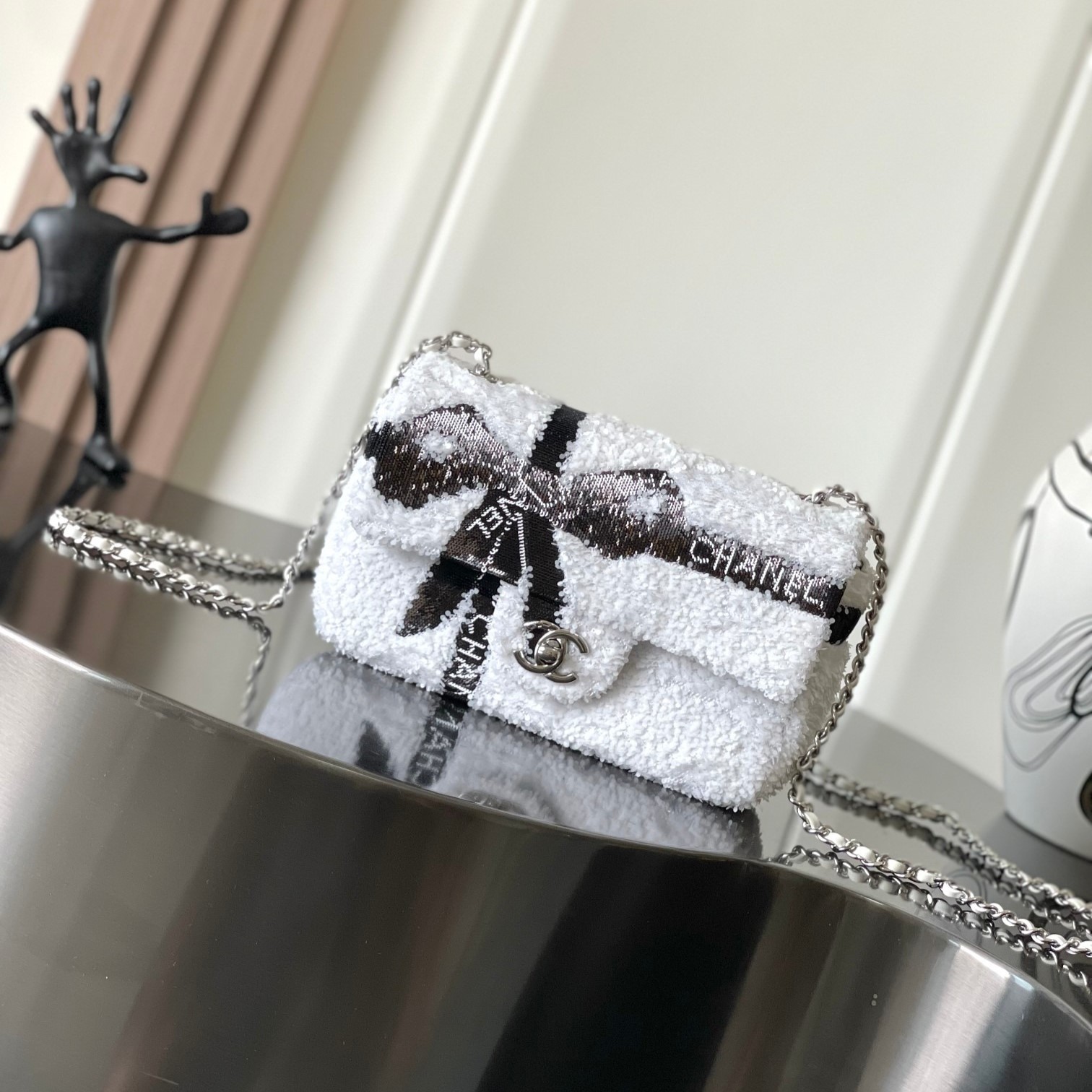 [True-to-ORIGINAL] Ch**el Sequin Bow Mini Flap Bag White For Women 7.9in/20cm