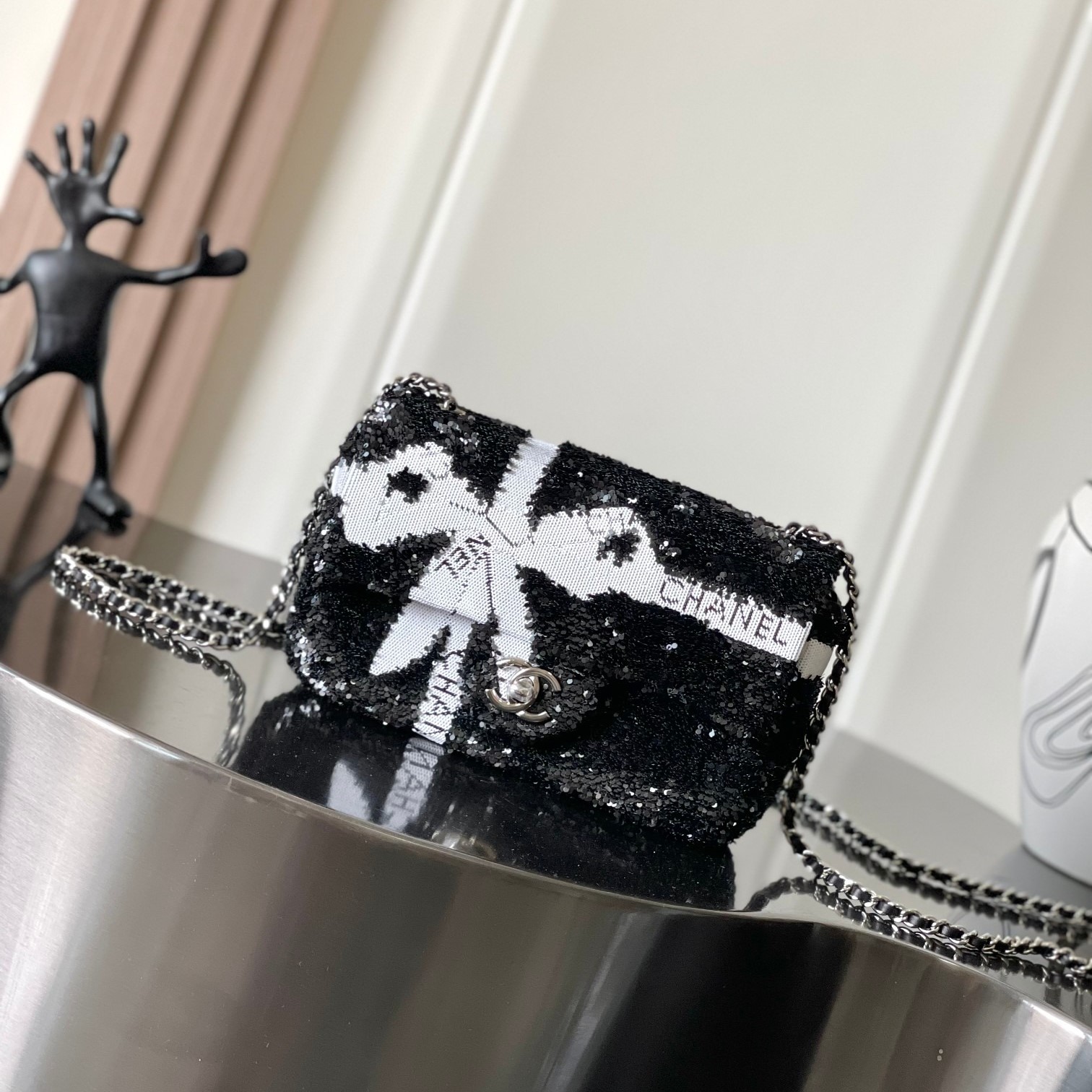[True-to-ORIGINAL] Ch**el Sequin Bow Mini Flap Bag Black For Women 7.9in/20cm
