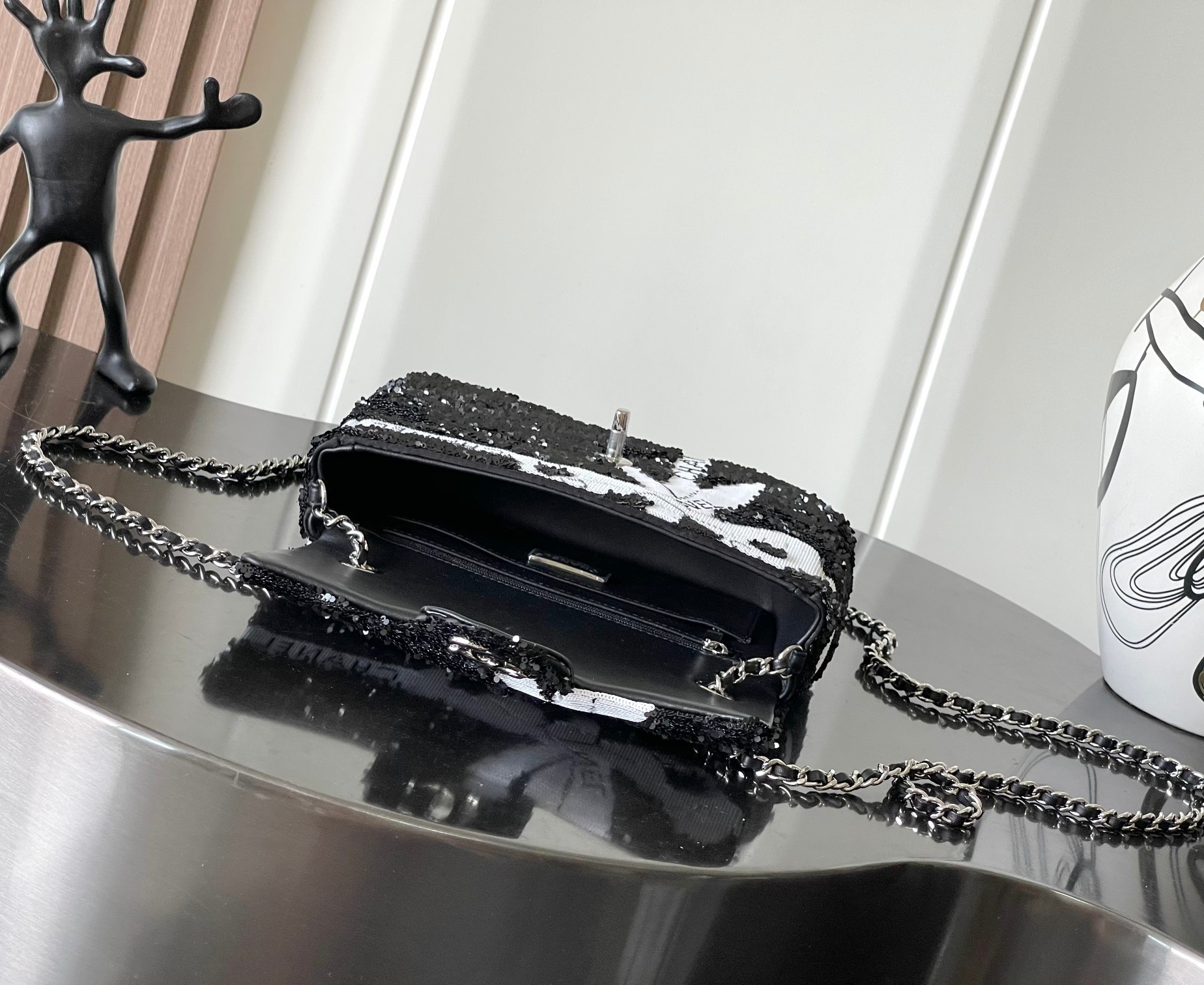 [True-to-ORIGINAL] Ch**el Sequin Bow Mini Flap Bag Black For Women 7.9in/20cm