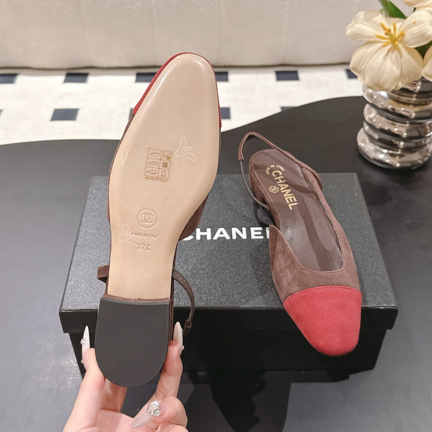 Ch**el Suede Two-Tone Slingback Flats Brown/Burgundy For Women
