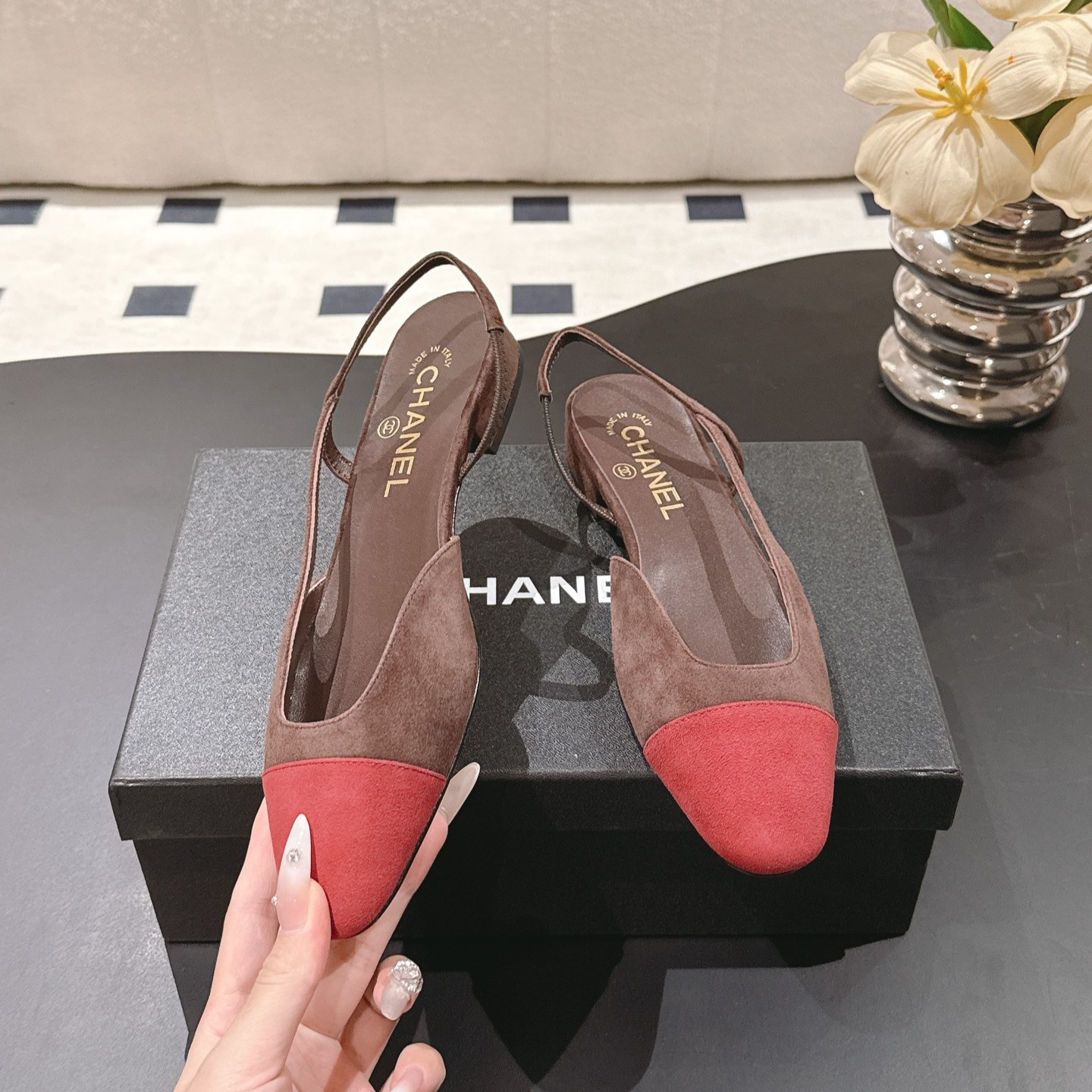 Ch**el Suede Two-Tone Slingback Flats Brown/Burgundy For Women
