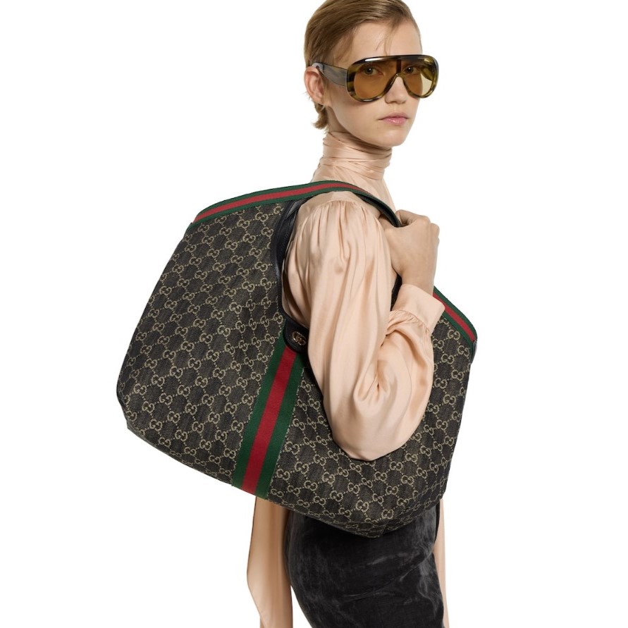 [True-to-ORIGINAL] Gvc*1 Giglio Large Tote Bag Black GG Denim For Women 23.6in/60cm ‎‎853971 FAFYU 1155