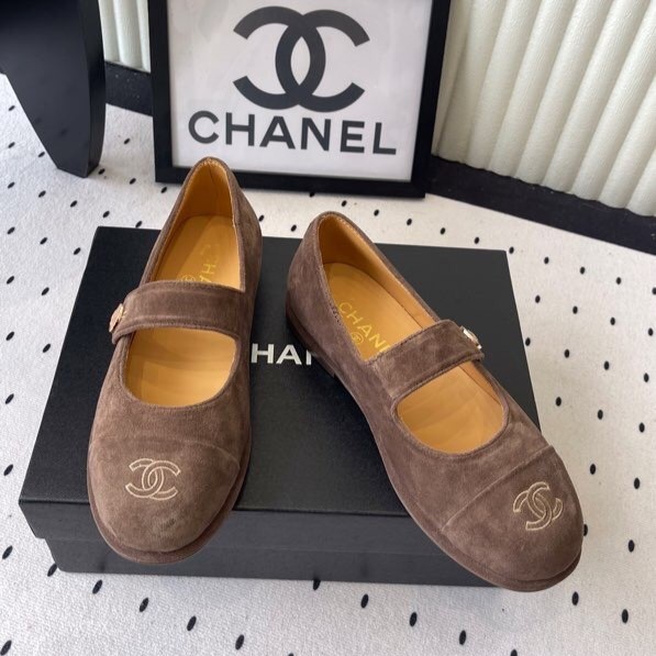 Ch**el Mary Jane Flats Brown Suede For Women