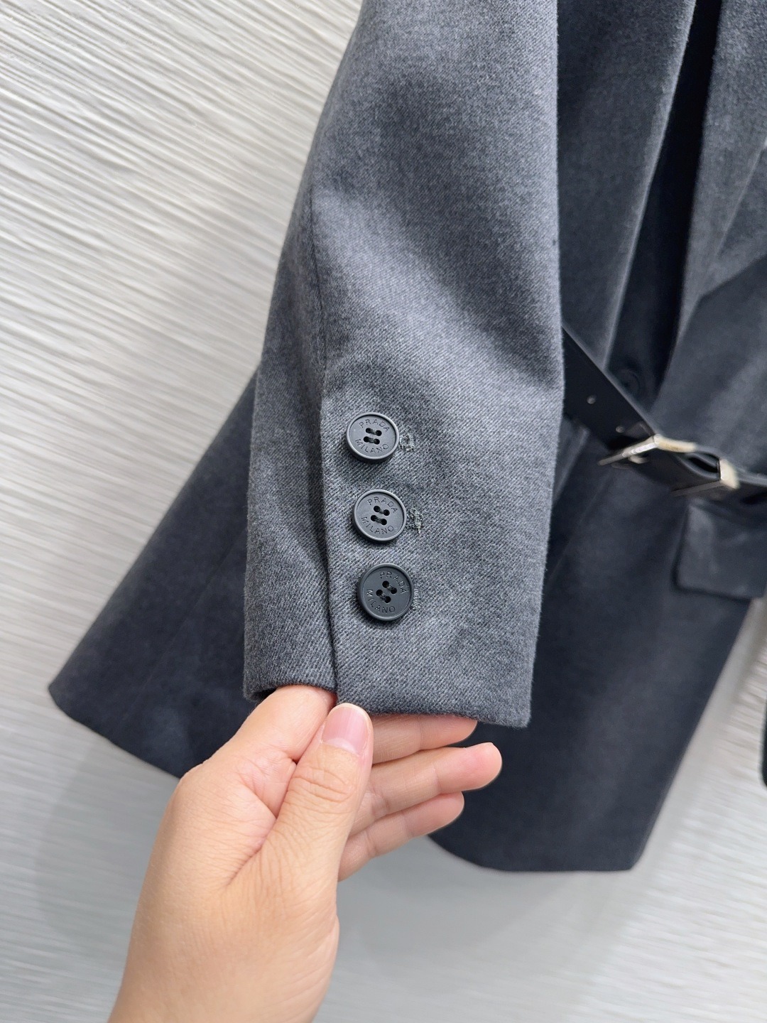 Pra*a Belted Tailored Blazer With Triangle Logo Grey For Women