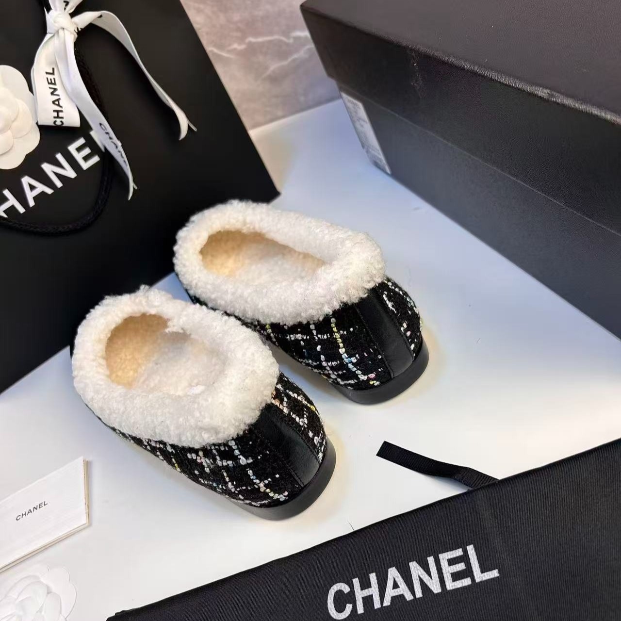 Ch**el Shearling Ballet Flats Black For Women