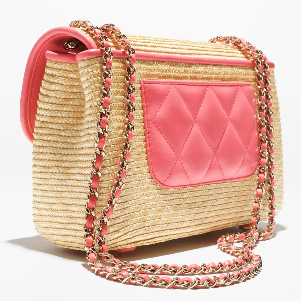 Ch**el Small Flap Bag Dark Beige/Coral Straw For Women 9.1in/23cm AS6017-B22647-U6028