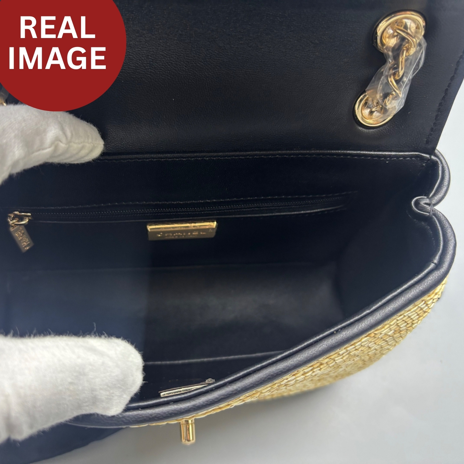 Ch**el Small Flap Bag Dark Beige/Black Straw For Women 9.1in/23cm