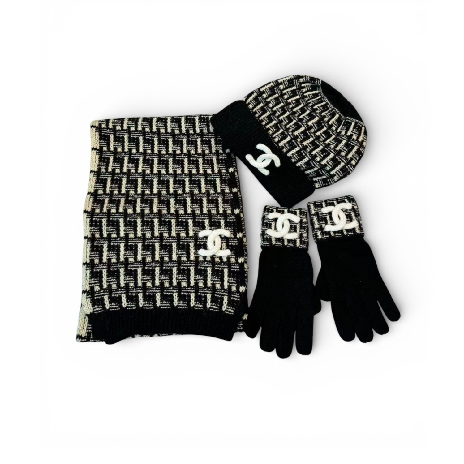 Ch**el Winter Set – Hat, Scarf And Gloves Black For Women