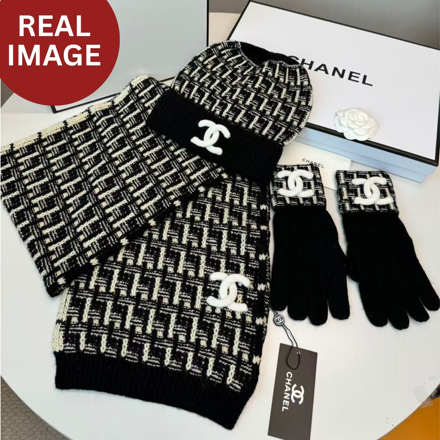 Ch**el Winter Set – Hat, Scarf And Gloves Black For Women