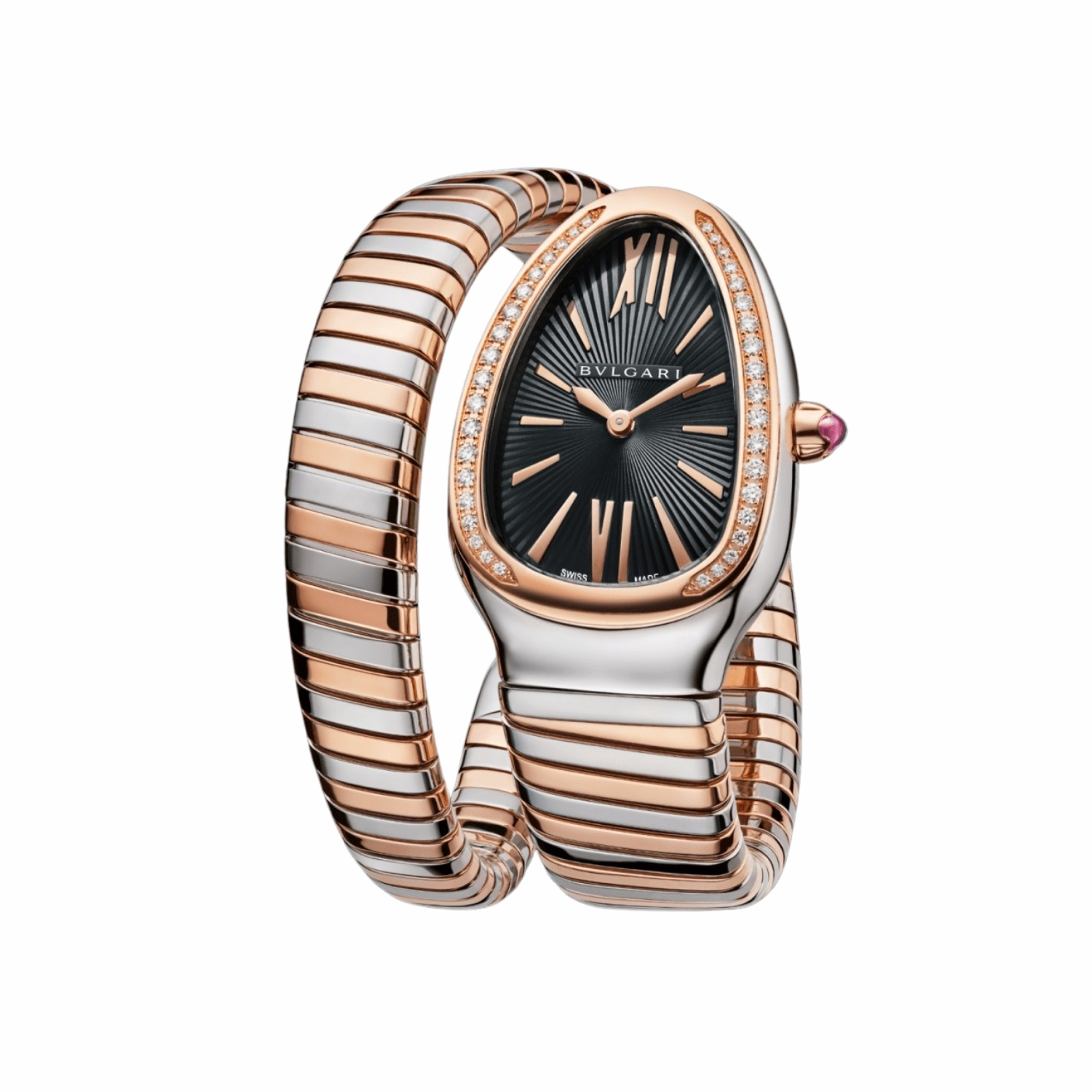 Bv1g*ai Serpenti Tubogas Watch Silver/Rose Gold Toned Black Dial 35mm For Women 103823