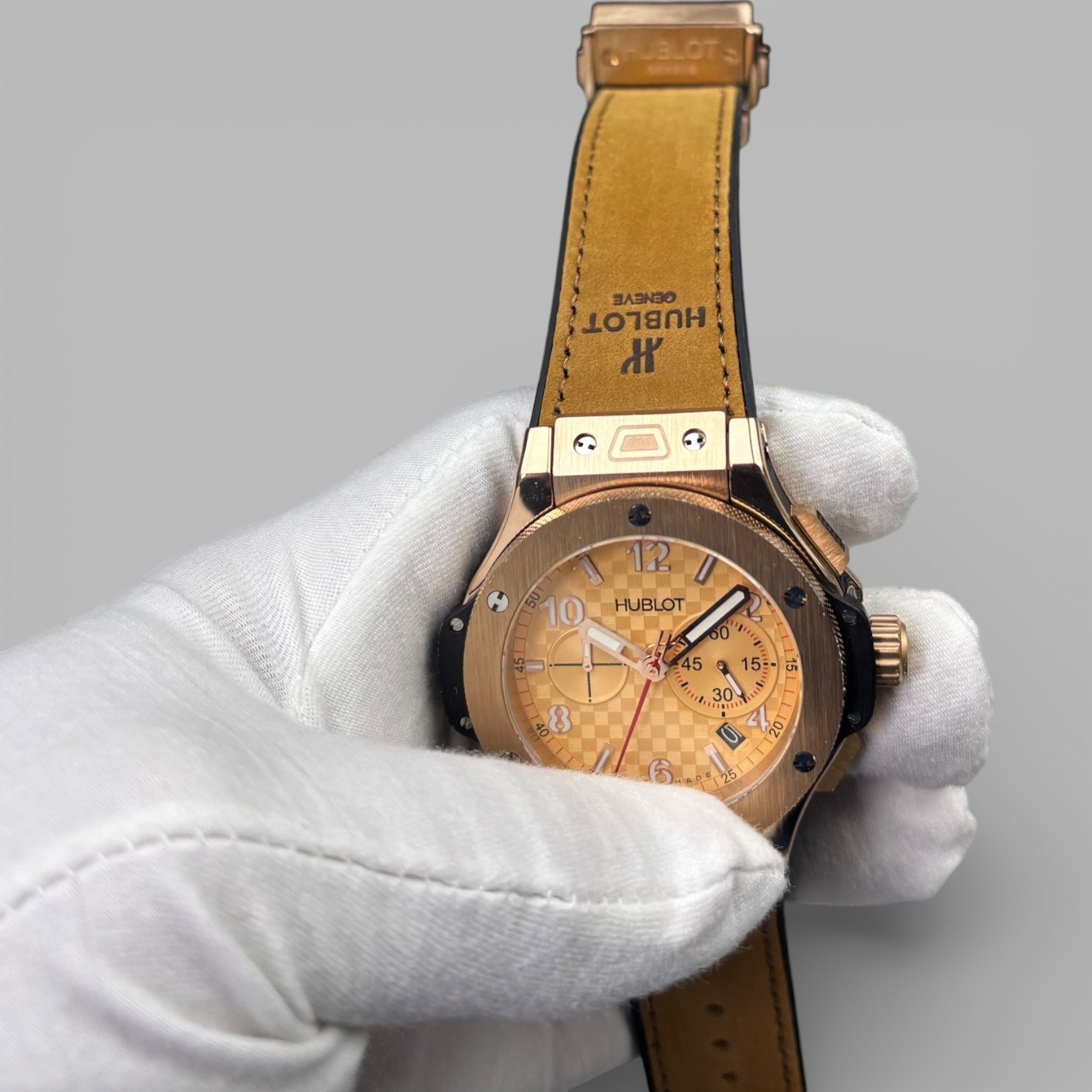 Hublot Big Bang Watch Chronograph Brown Strap Gold Dial 45mm For Men